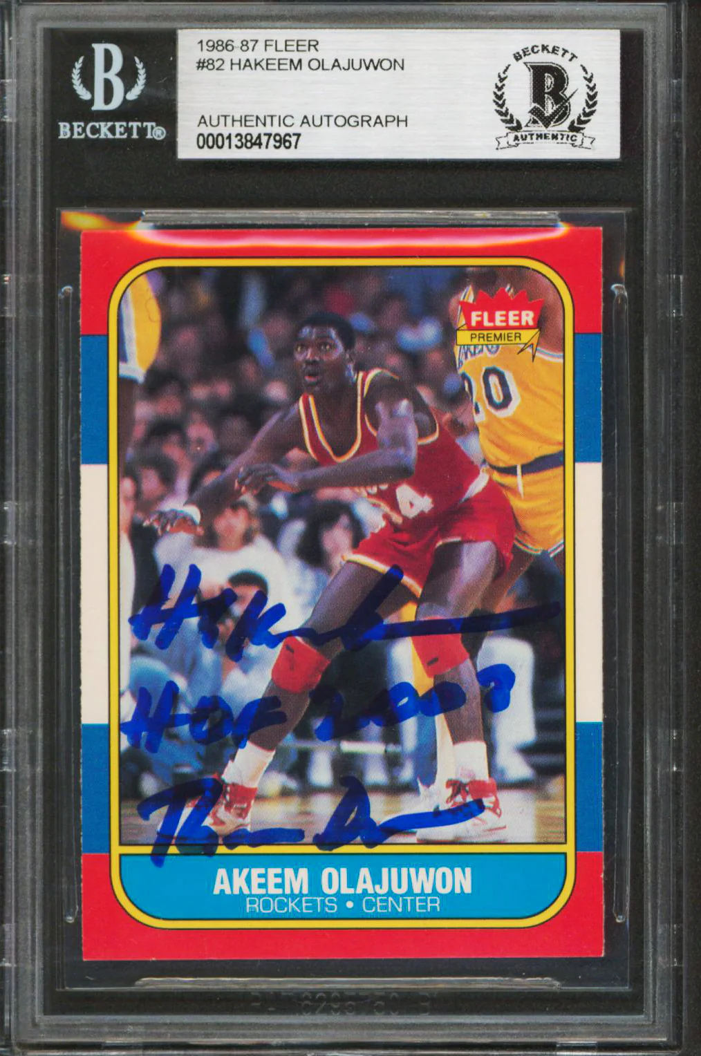 Rockets Hakeem Olajuwon "2x Insc" Signed 1986 Fleer #82 Rookie Card BAS Slabbed - Image 2