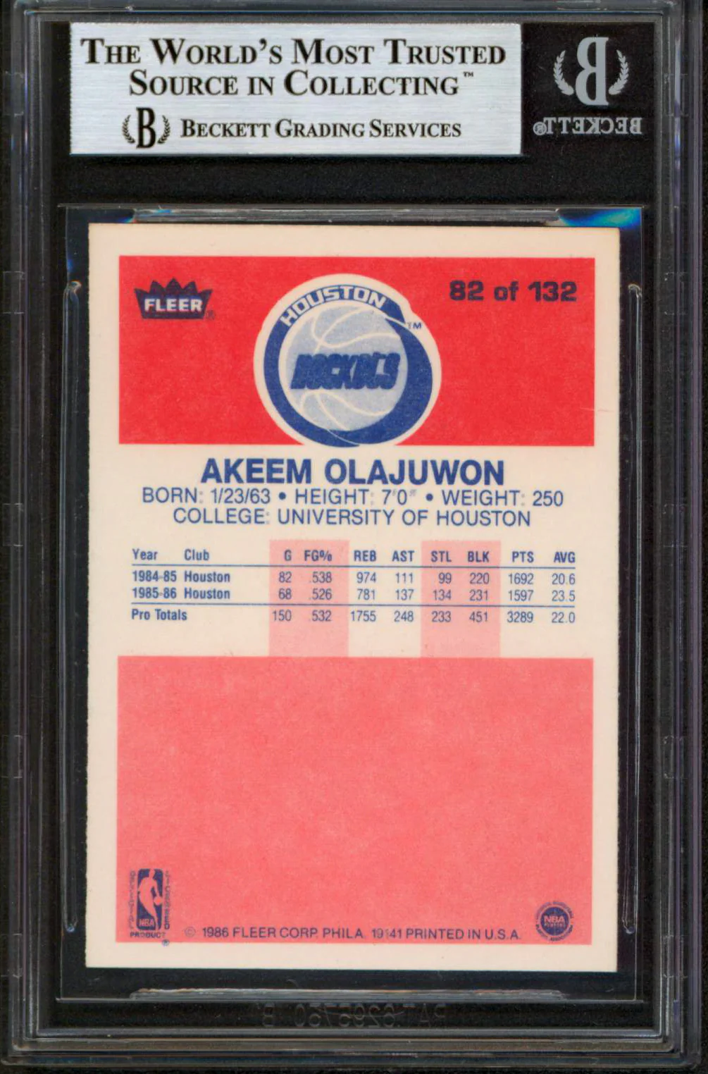 Rockets Hakeem Olajuwon "2x Insc" Signed 1986 Fleer #82 Rookie Card BAS Slabbed - Image 3