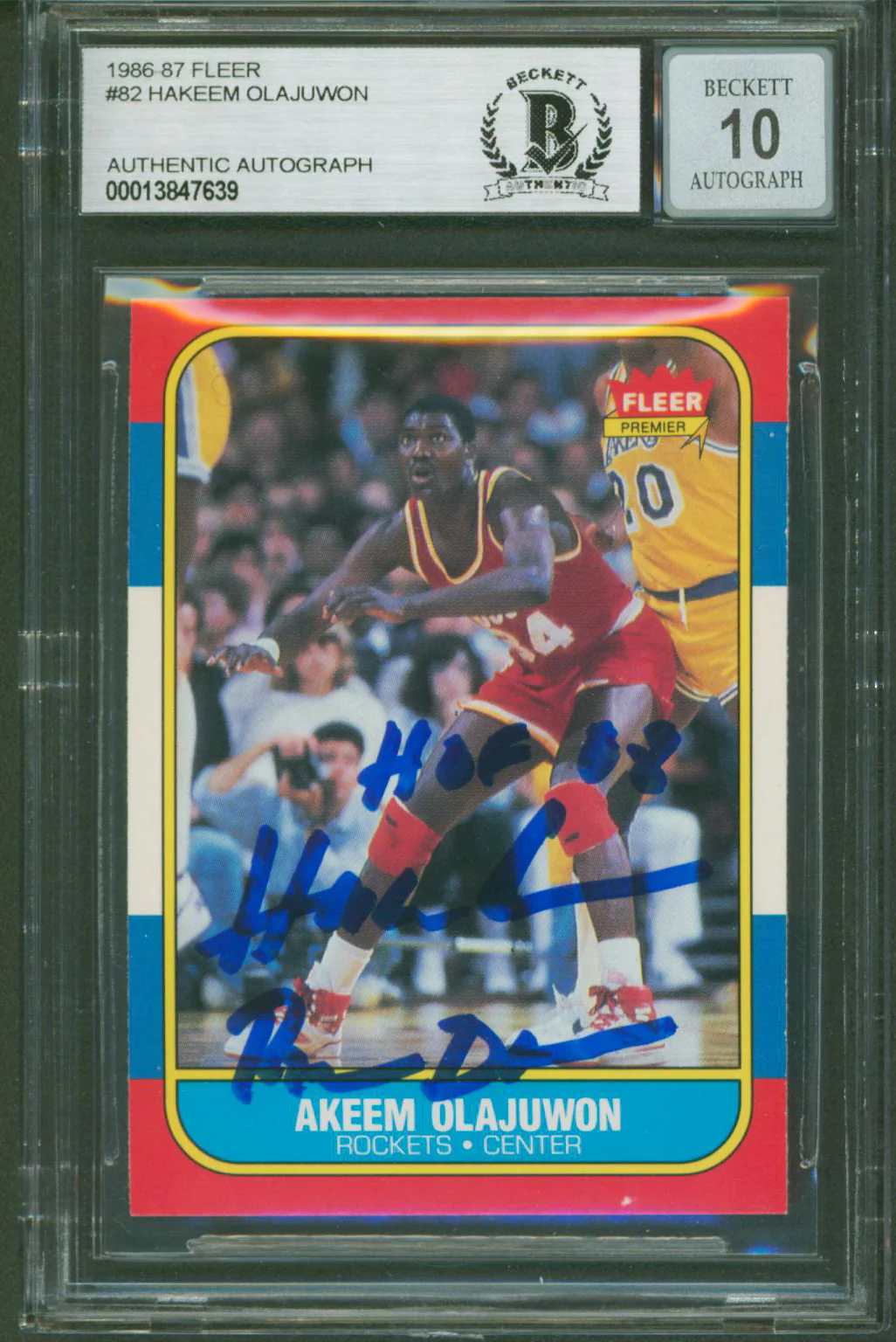 Rockets Hakeem Olajuwon "2x Insc" Signed 1986 Fleer #82 Rookie Card BAS Slabbed - Image 2