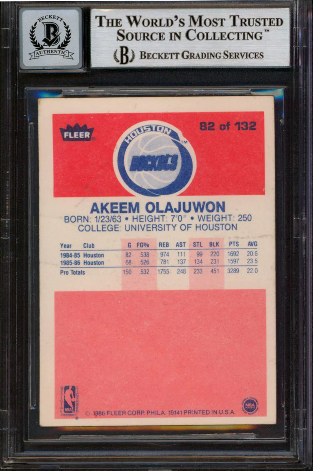 Rockets Hakeem Olajuwon Authentic Signed 1986 Fleer #82 Rookie Card BAS Slabbed - Image 3