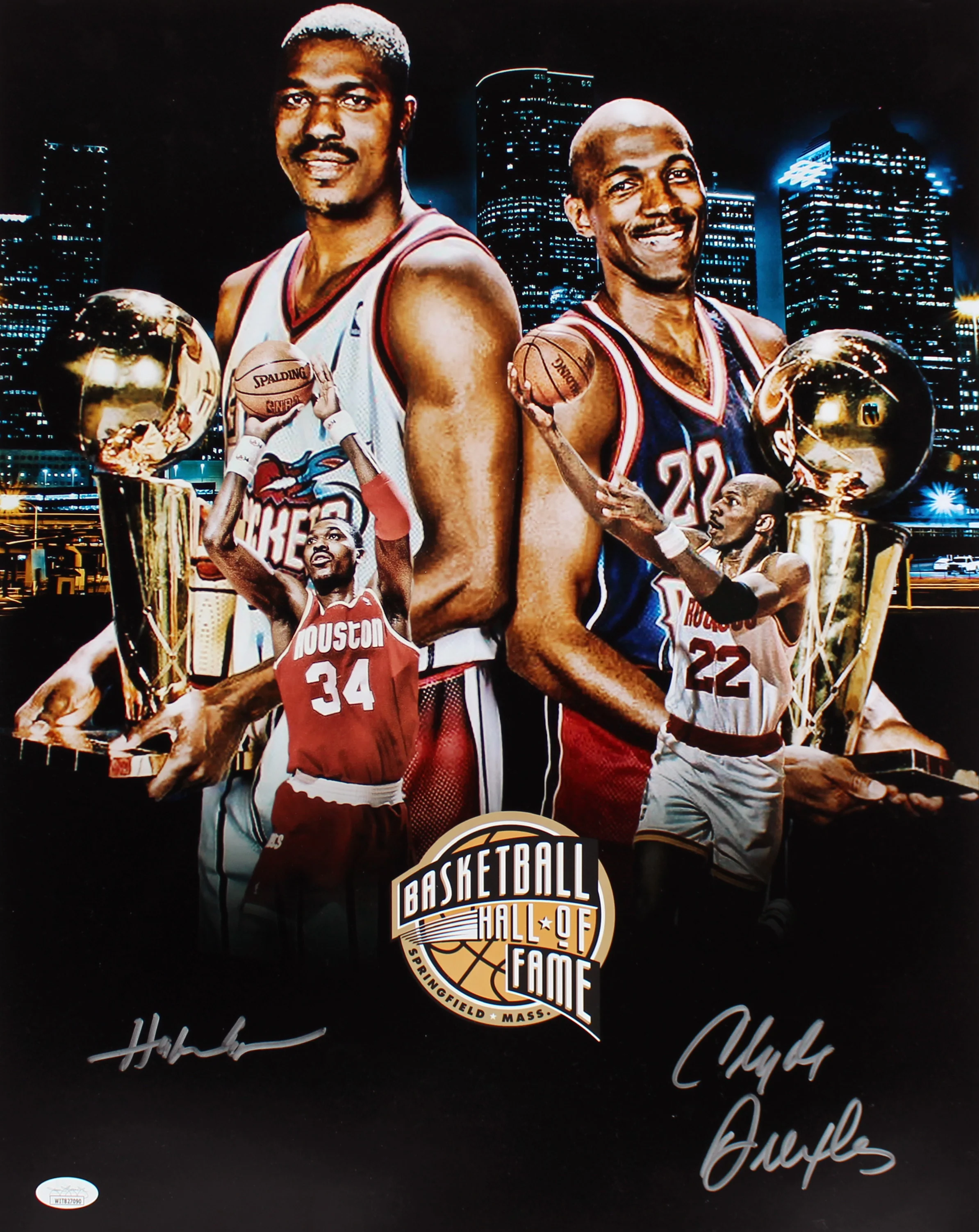 Rockets Hakeem Olajuwon & Clyde Drexler Signed 16x20 Collage Photo JSA Witnessed - Image 2