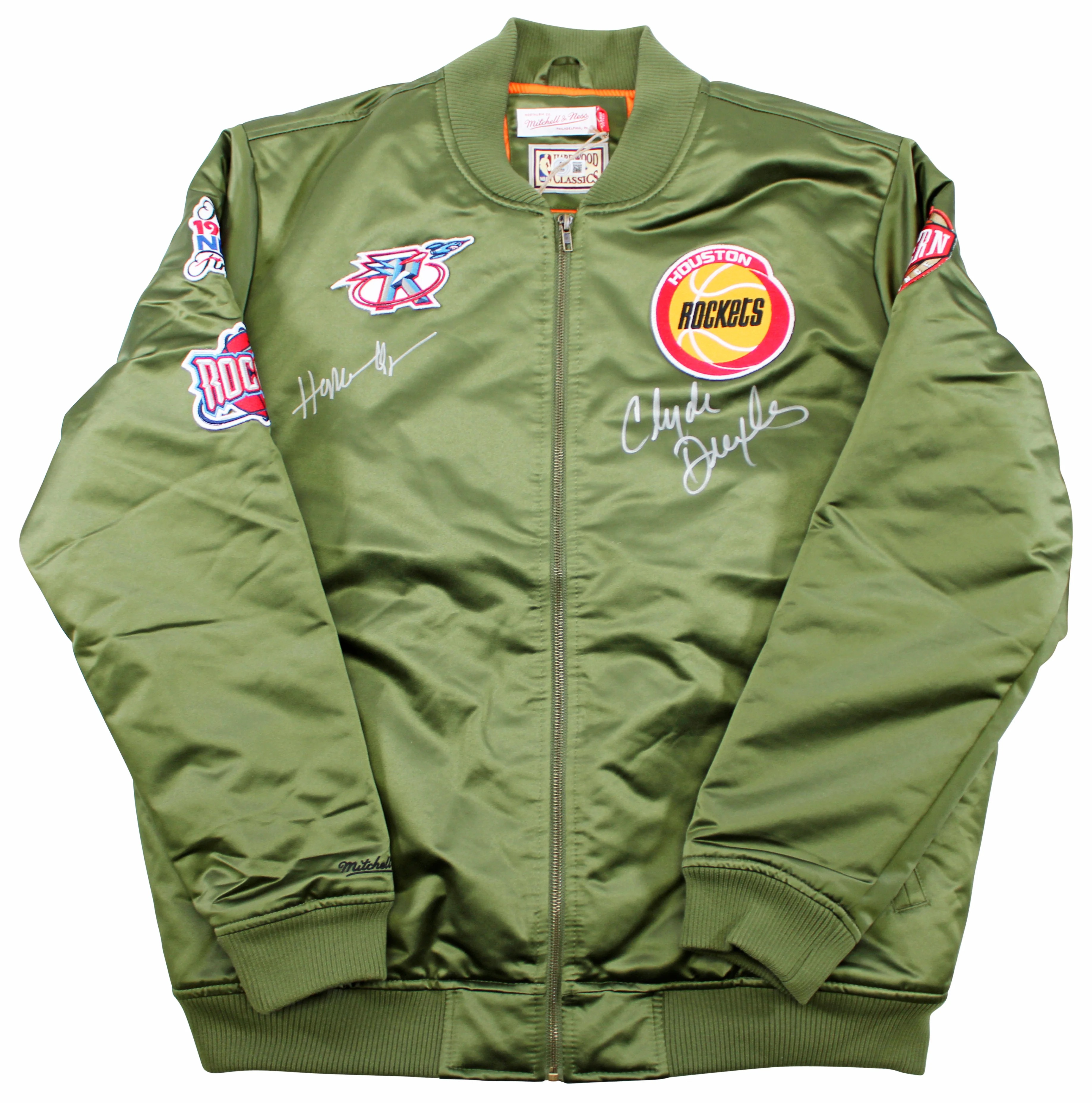 Rockets Hakeem Olajuwon & Clyde Drexler Signed Green M&N Bomber Jacket BAS Wit - Image 2