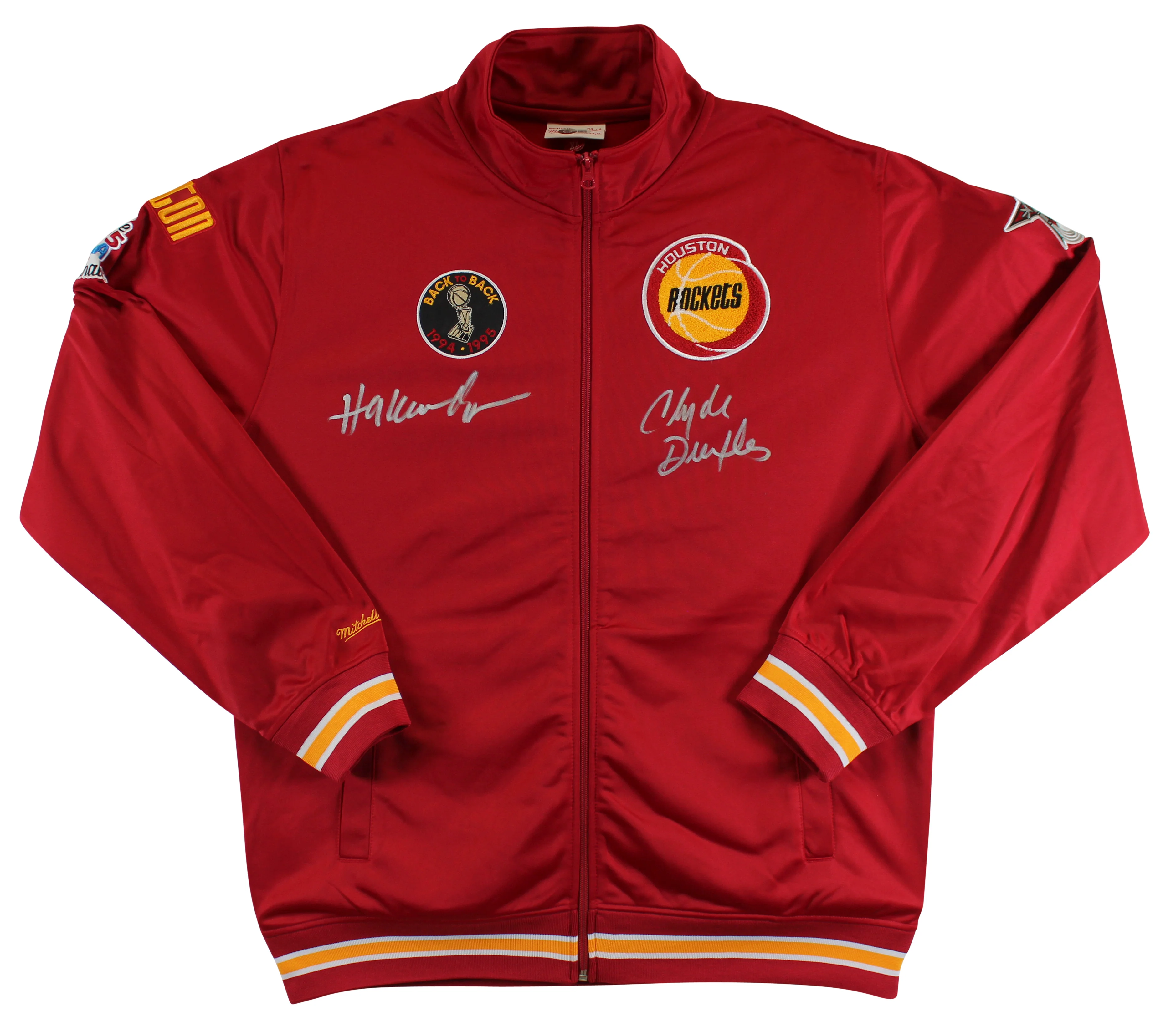 Rockets Hakeem Olajuwon & Clyde Drexler Signed Red M&N Warmup Jacket BAS Witness - Image 2