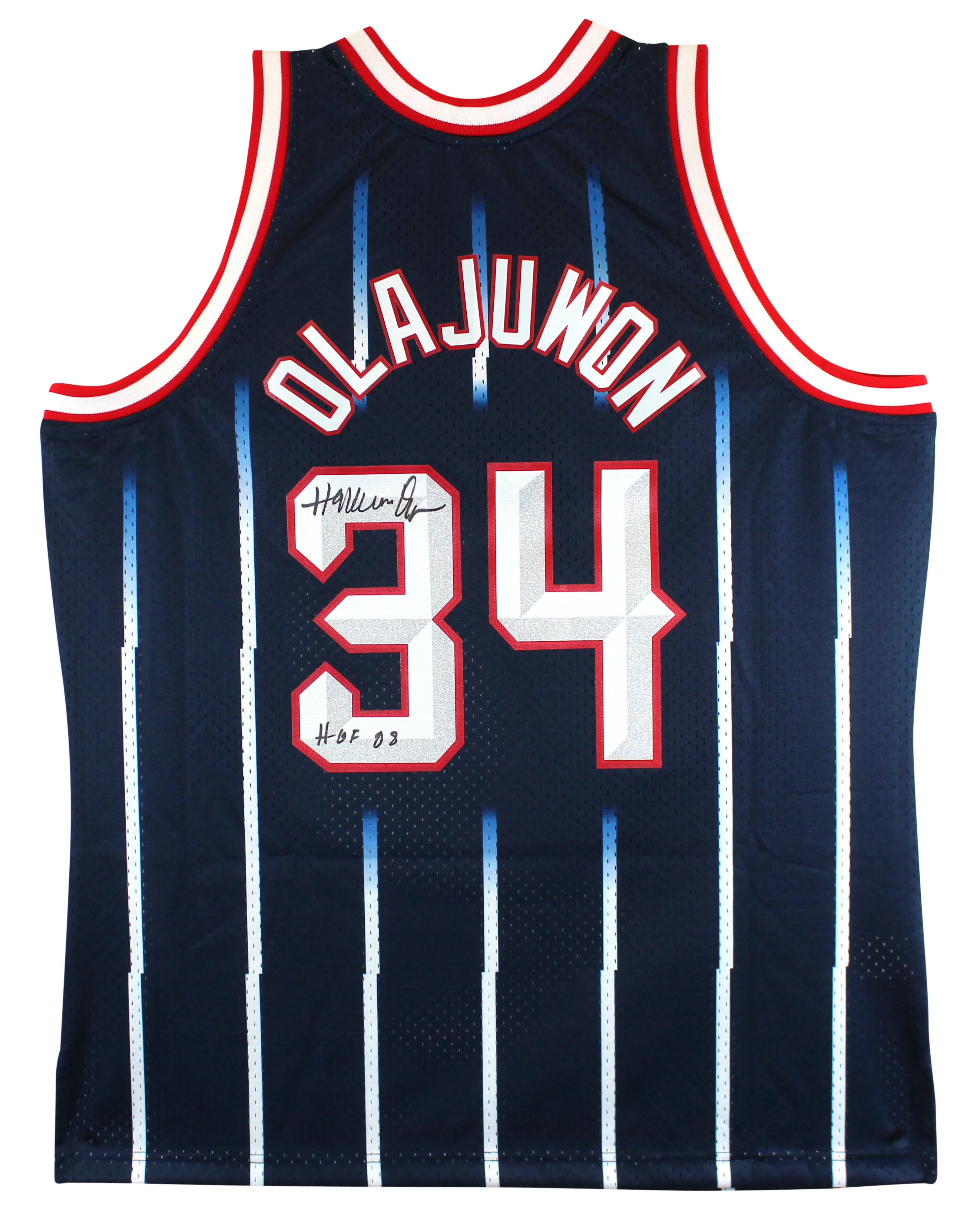 Rockets Hakeem Olajuwon "HOF 08" Signed Navy Blue Mitchell & Ness Jersey BAS Wit - Image 2