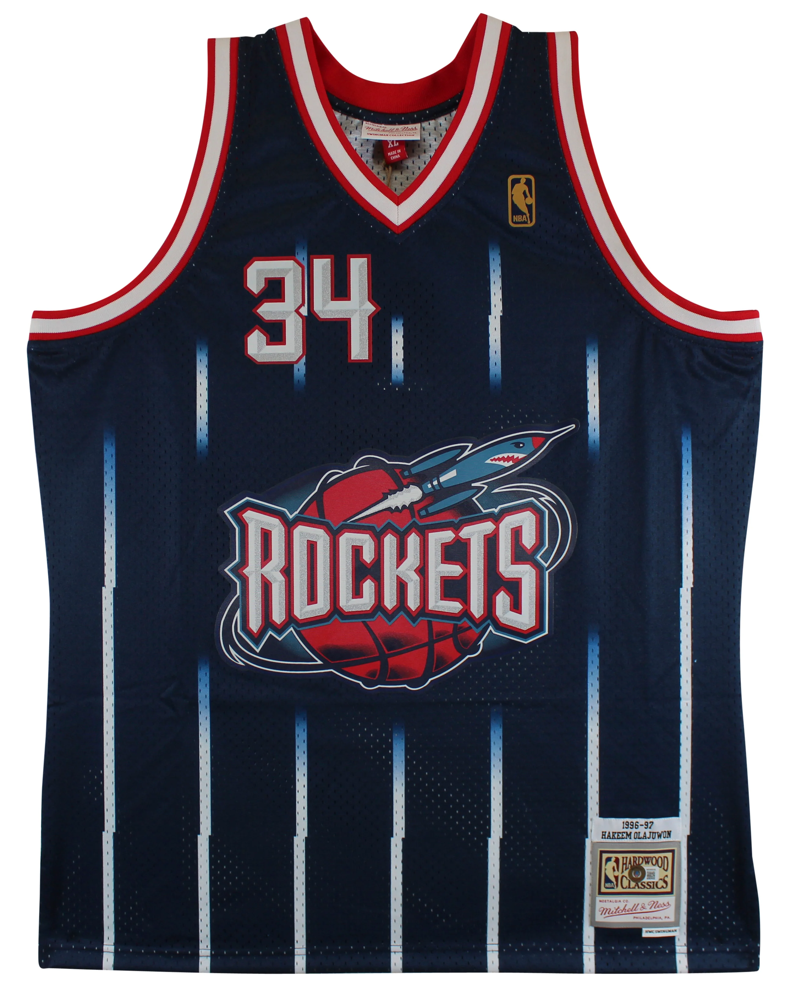 Rockets Hakeem Olajuwon "HOF 08" Signed Navy Blue Mitchell & Ness Jersey BAS Wit - Image 4