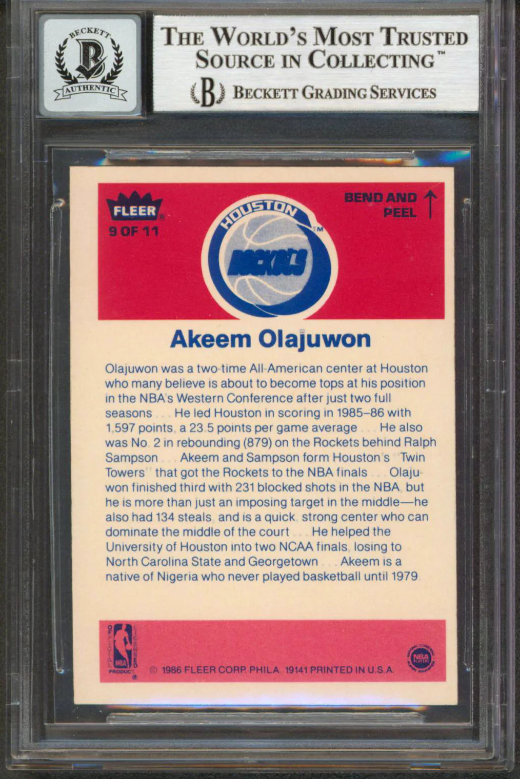 Rockets Hakeem Olajuwon Signed 1986 Fleer Stickers #9 Card Auto 10! BAS Slabbed - Image 3
