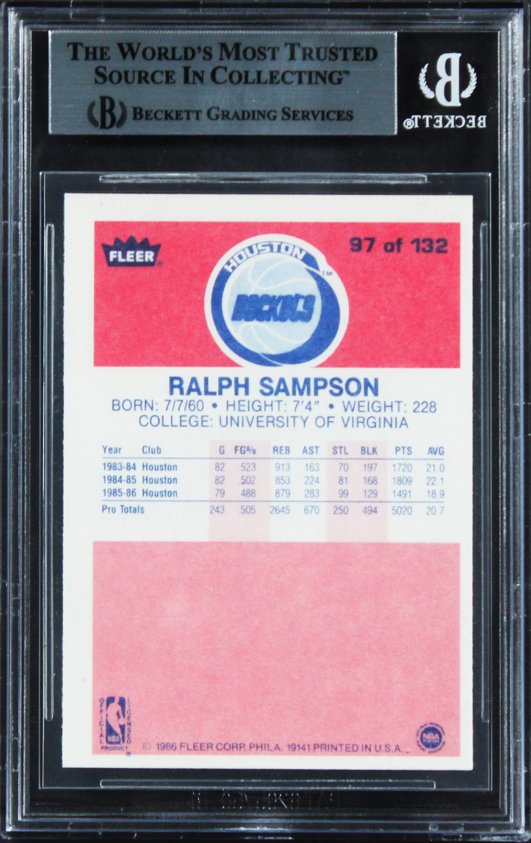 Rockets Ralph Sampson Authentic Signed 1986 Fleer #97 Card BAS Slabbed - Image 3