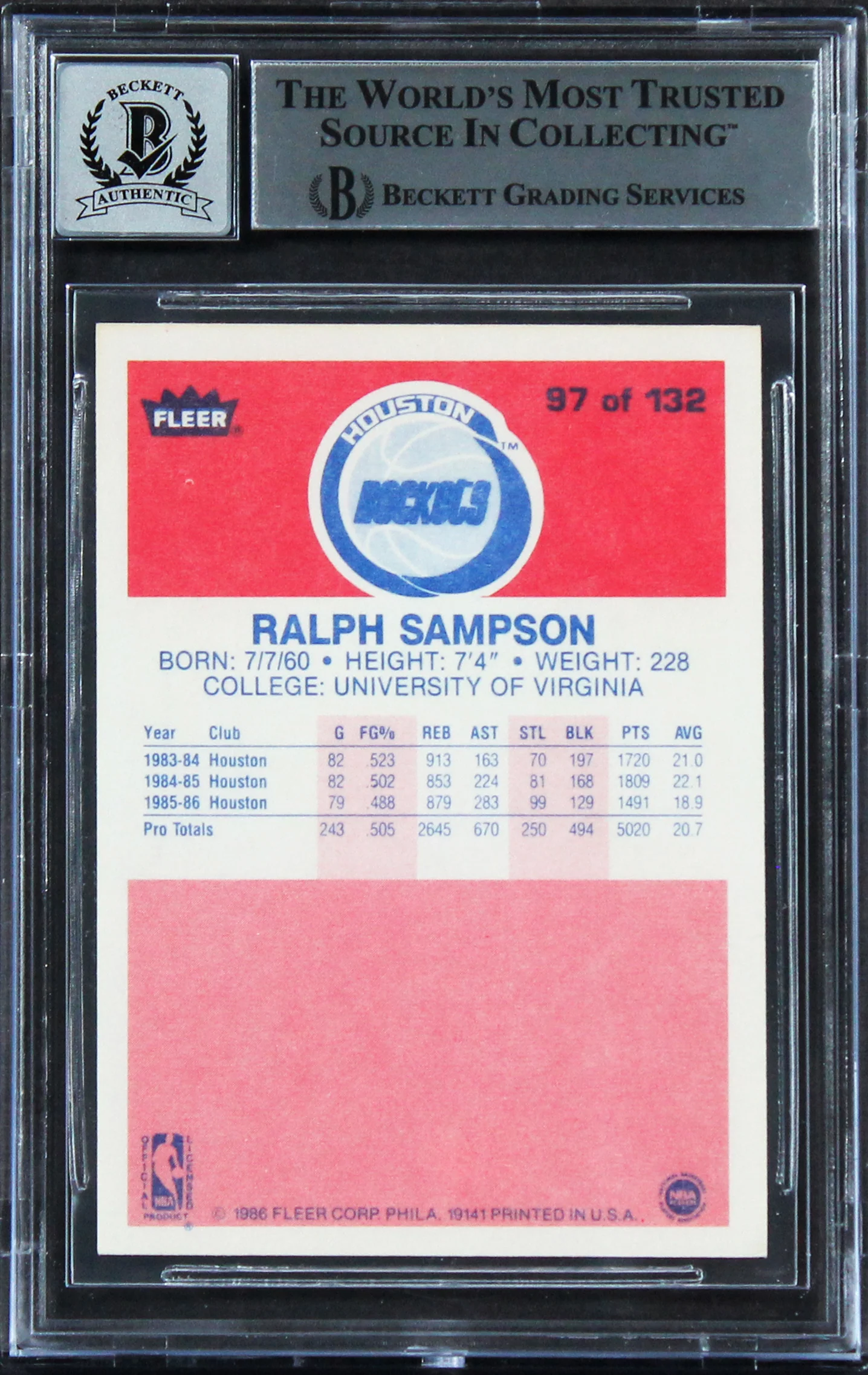 Rockets Ralph Sampson "HOF 12" Signed 1986 Fleer #97 Card Auto 10! BAS Slabbed - Image 3