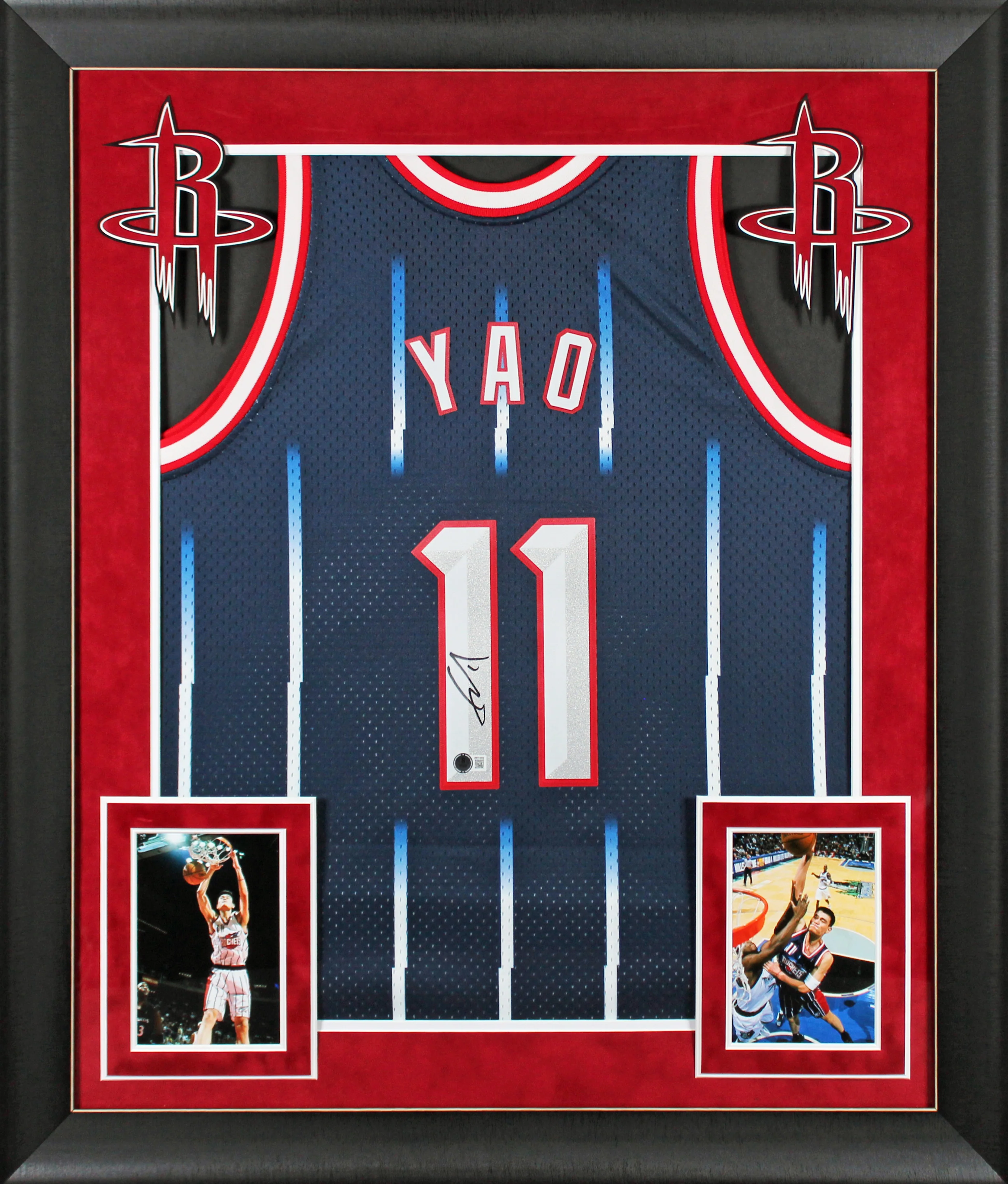 Rockets Yao Ming Signed Blue M&N 2002-03 HWC Swingman Framed Jersey BAS Witness - Image 2