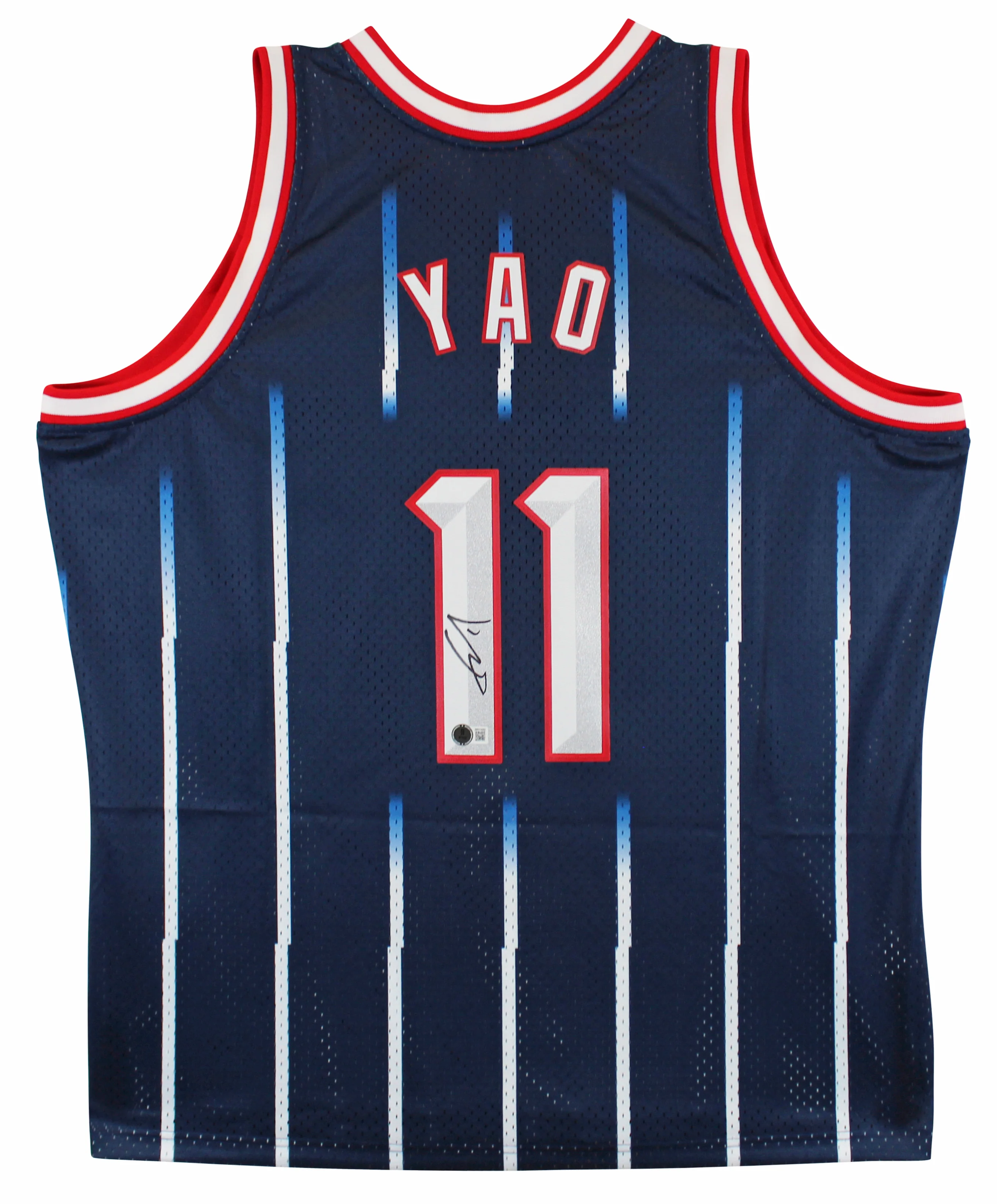Rockets Yao Ming Signed Blue M&N 2002-03 HWC Swingman Jersey BAS Witnessed - Image 2
