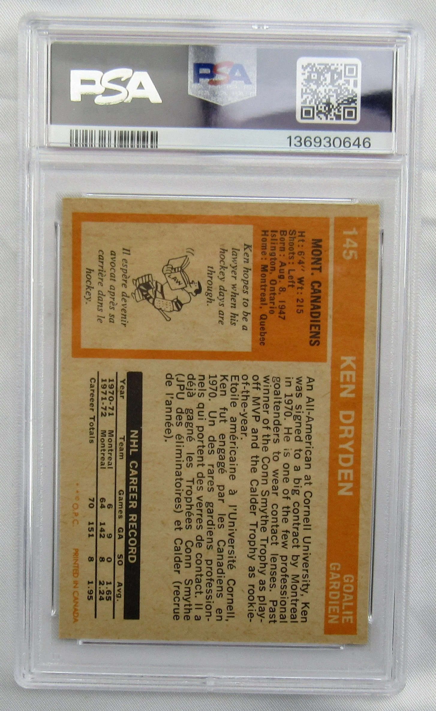 Ken Dryden 1972-73 O-Pee-Chee Card #145 PSA 8 - Image 2