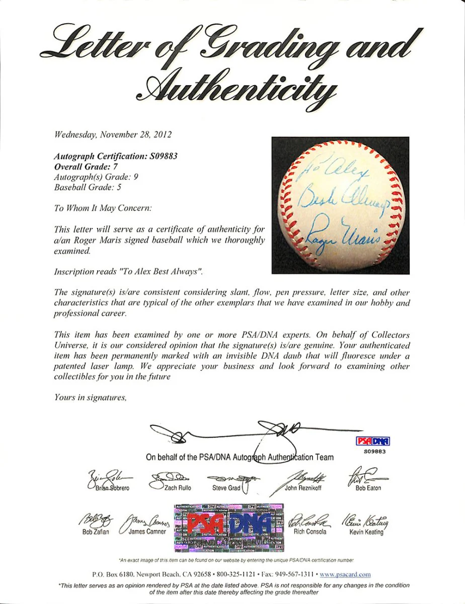 Roger Maris Single Signed Yankees Official League Baseball PSA LOA Auto 9 - Image 4