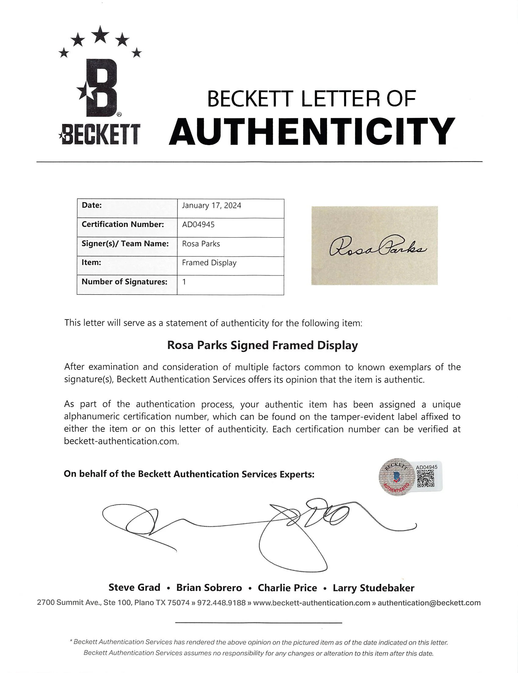 Rosa Parks Civil Rights Activist Authentic Signed Framed Display BAS LOA - Image 4