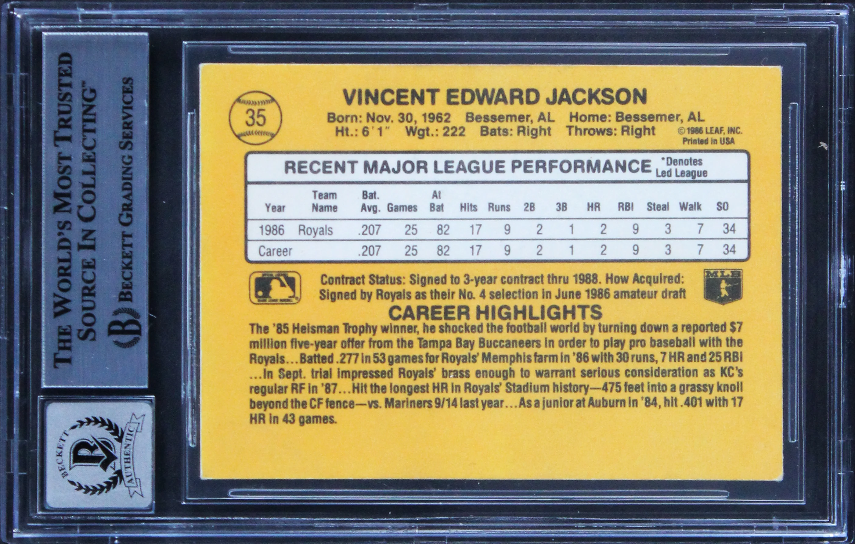 Royals Bo Jackson Authentic Signed 1987 Donruss #35 Card Auto 10! BAS Slabbed - Image 3