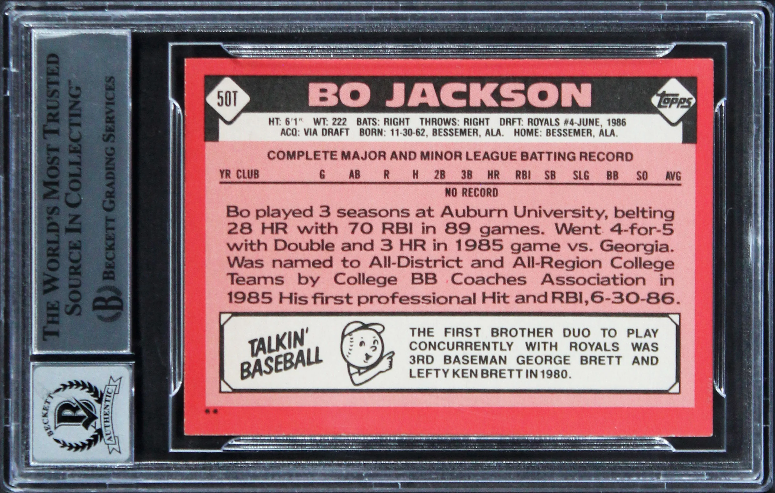 Royals Bo Jackson Signed 1986 Topps Traded #50T Rookie Card Auto 10! BAS Slabbed - Image 3