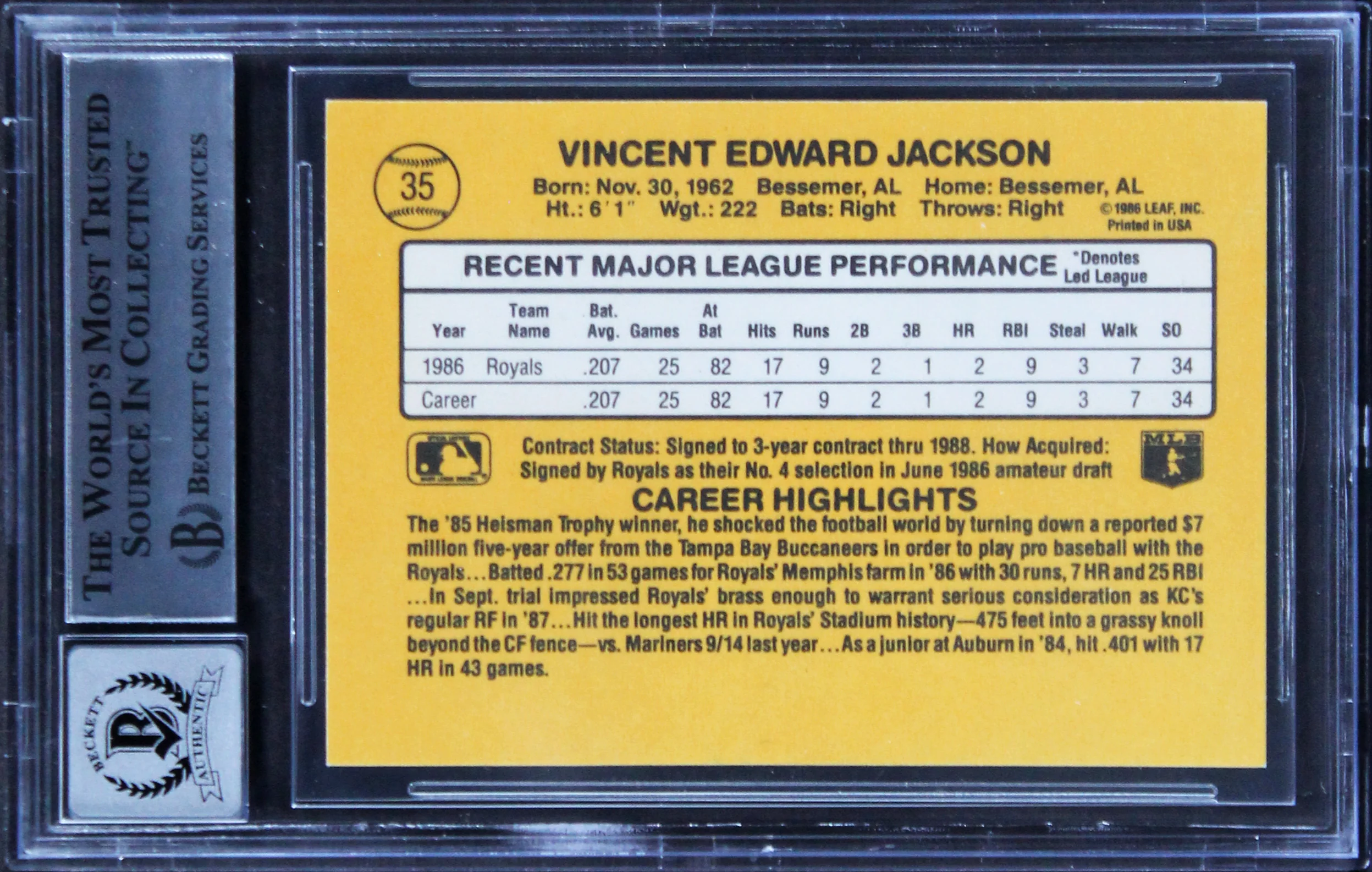 Royals Bo Jackson Signed 1987 Donruss #35 Rated Rookie Card Auto 10! BAS Slabbed - Image 3