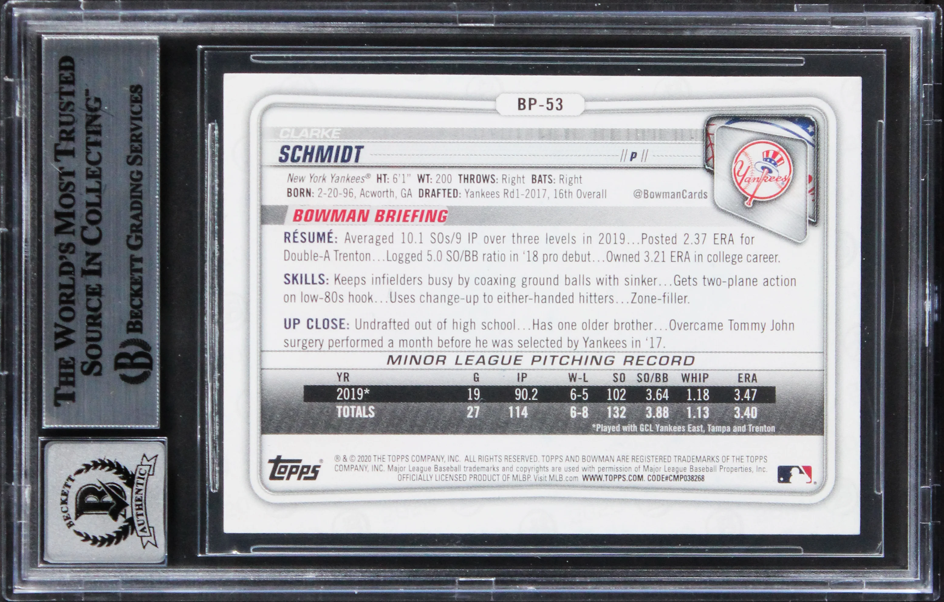 Royals Clarke Schmidt Signed 2020 Bowman PC #BP53 Card Auto 10! BAS Slabbed - Image 3