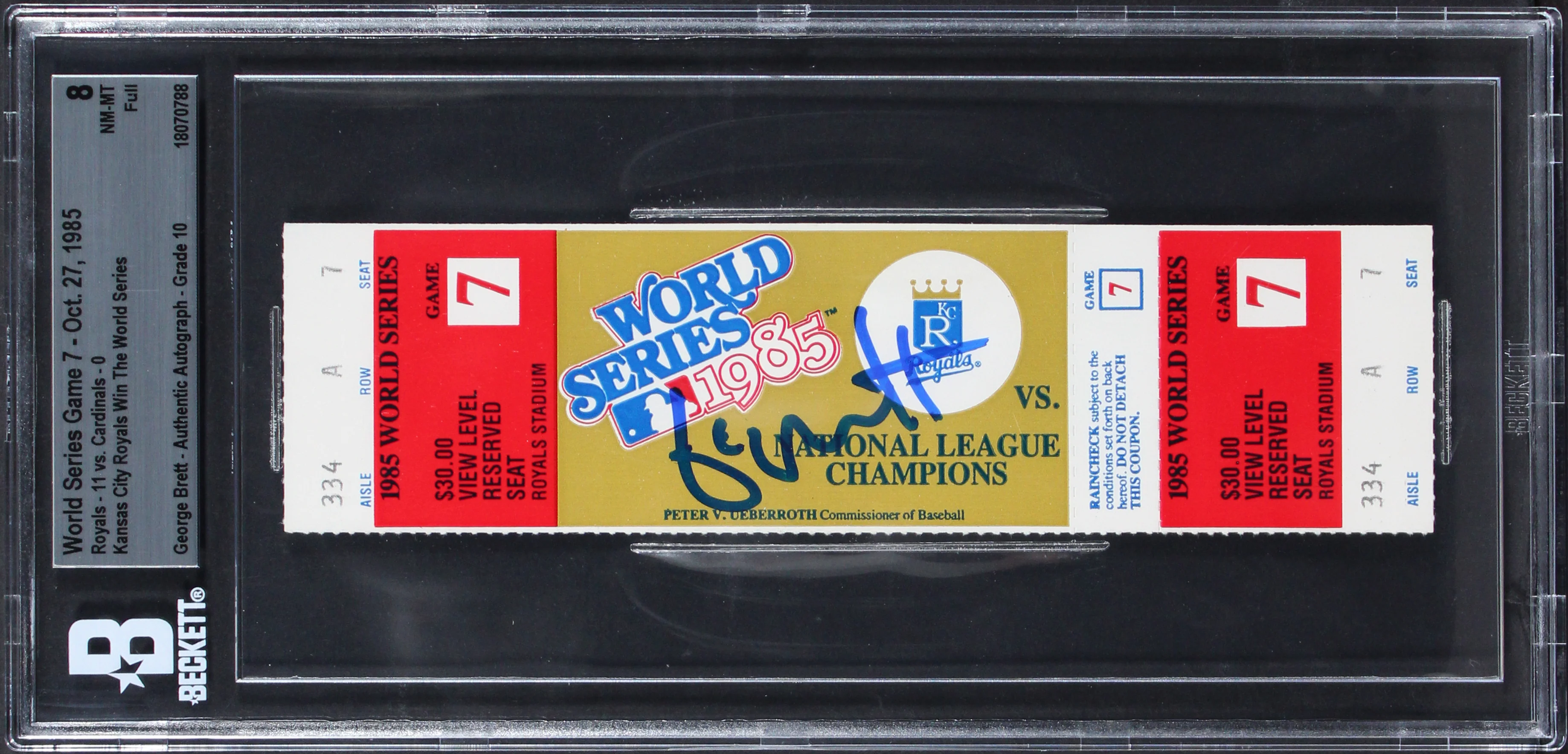 Royals George Brett 1985 WS Game 7 Full Ticket Graded NM-MT 8 Auto 10! BAS Slab - Image 2