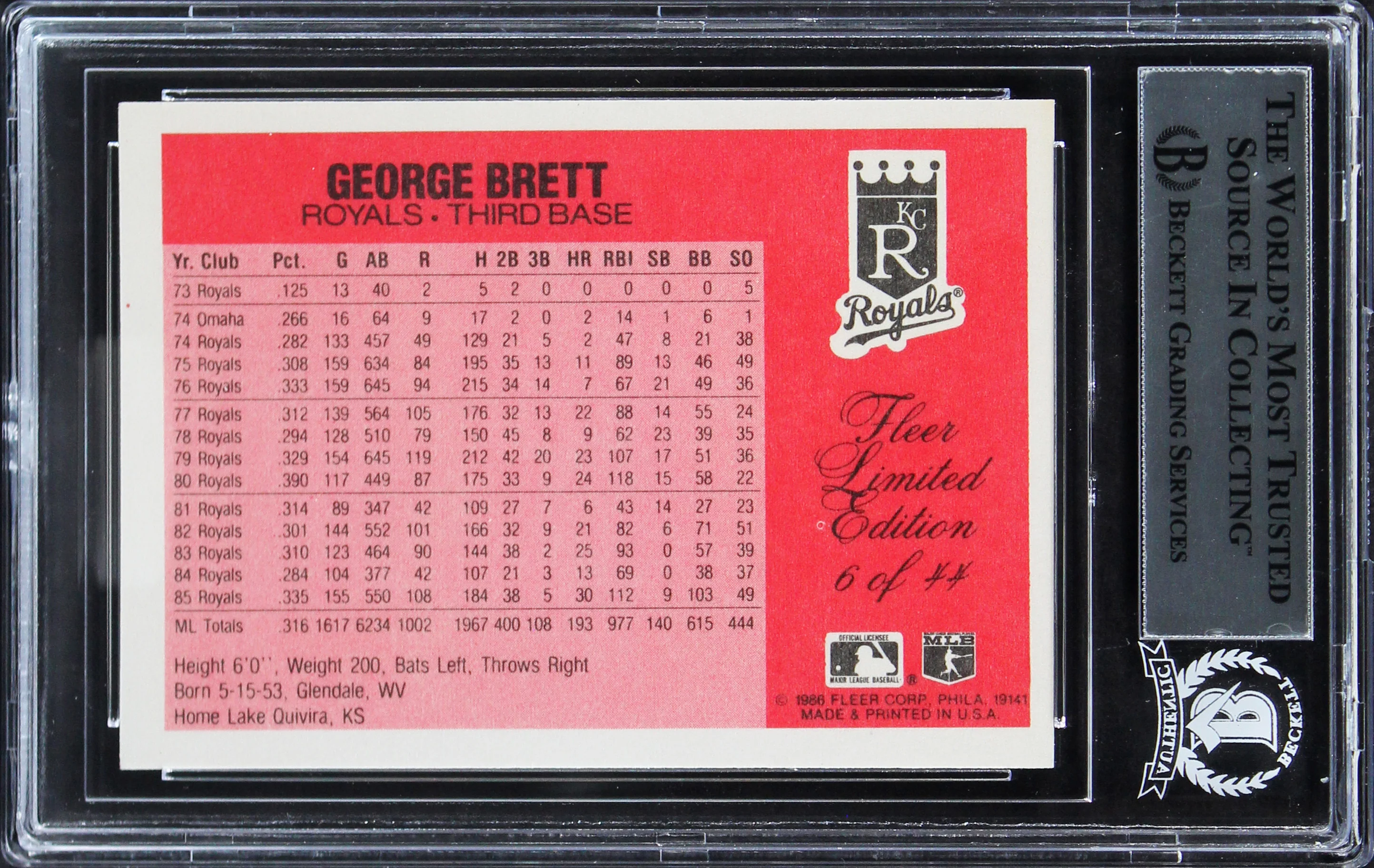 Royals George Brett Authentic Signed 1986 Fleer Limited Edition #6 Card BAS Slab - Image 3