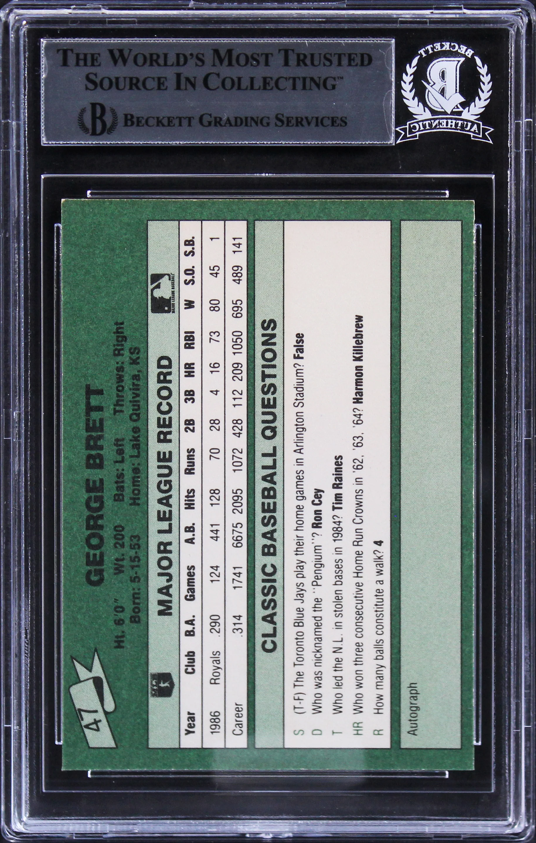 Royals George Brett Authentic Signed 1987 Classic Game #47 Card BAS Slabbed - Image 3