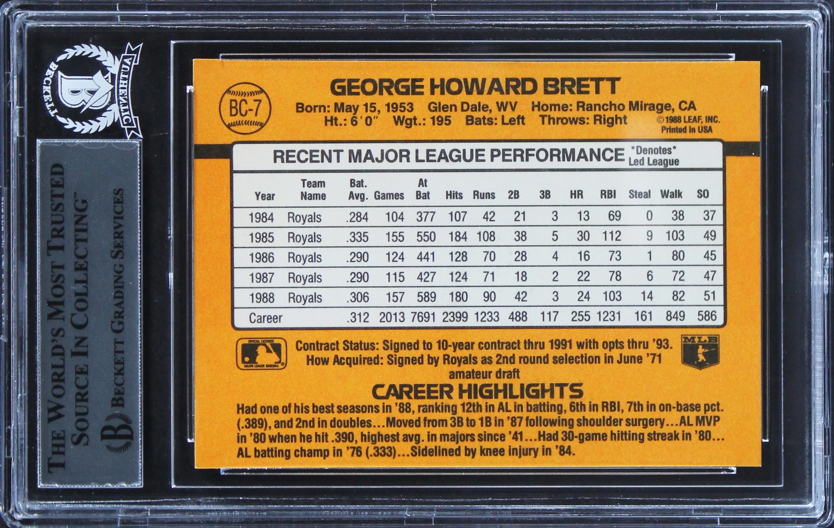 Royals George Brett Authentic Signed 1989 Donruss Bonus MVP'S #BC7 Card BAS Slab - Image 3