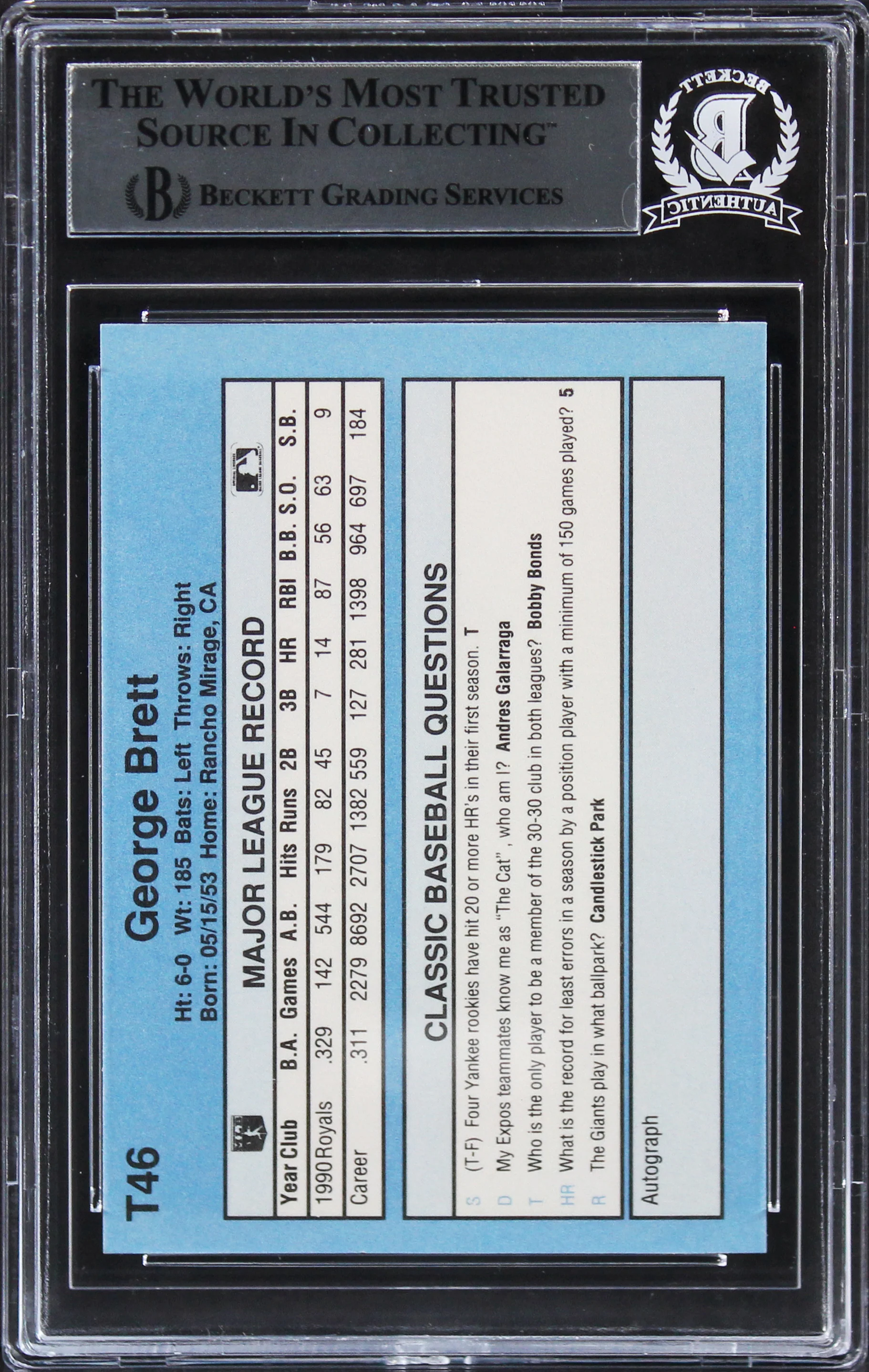 Royals George Brett Authentic Signed 1991 Classic 1 #T46 Card BAS Slabbed - Image 3