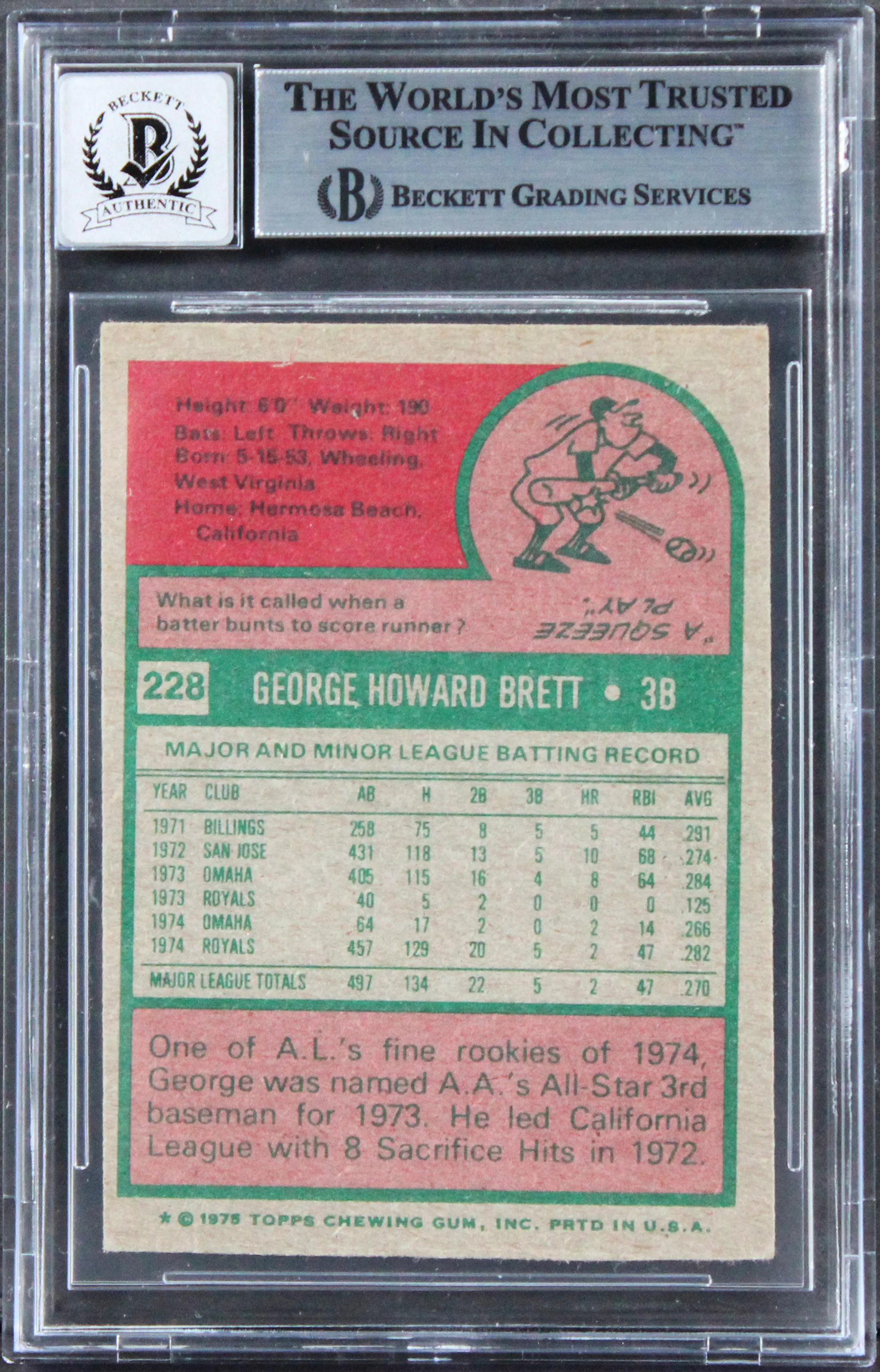 Royals George Brett Signed 1975 Topps #228 Card Auto Graded Mint 10! BAS Slabbed - Image 3
