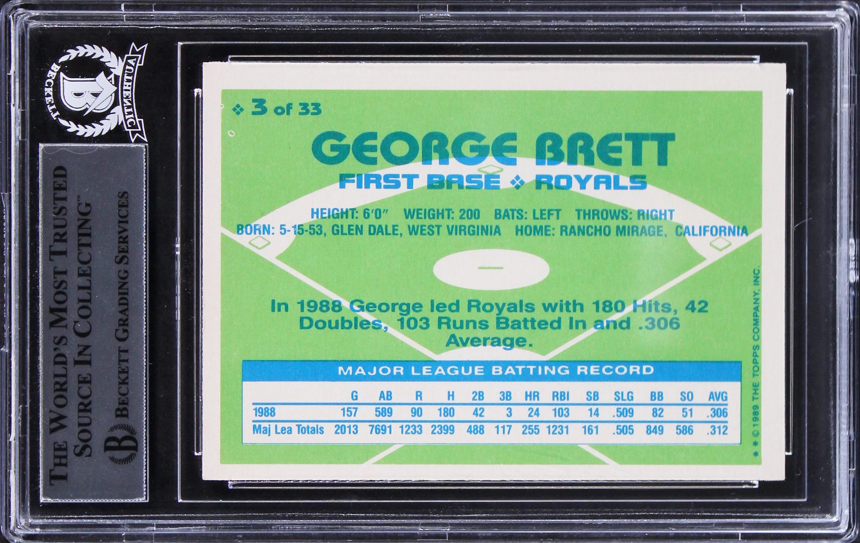 Royals George Brett Signed 1989 Topps Hills Team MVP'S #3 Card BAS Slabbed - Image 3