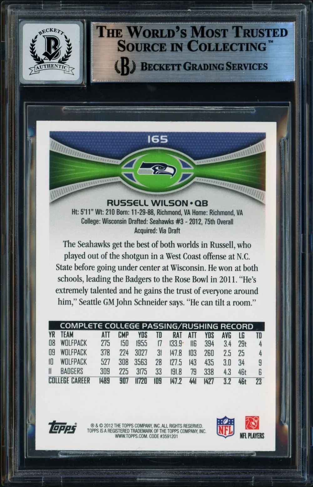 Russell Wilson Signed 2012 Topps #165A Seahawks Rookie Card BAS Auto 10 - Image 2