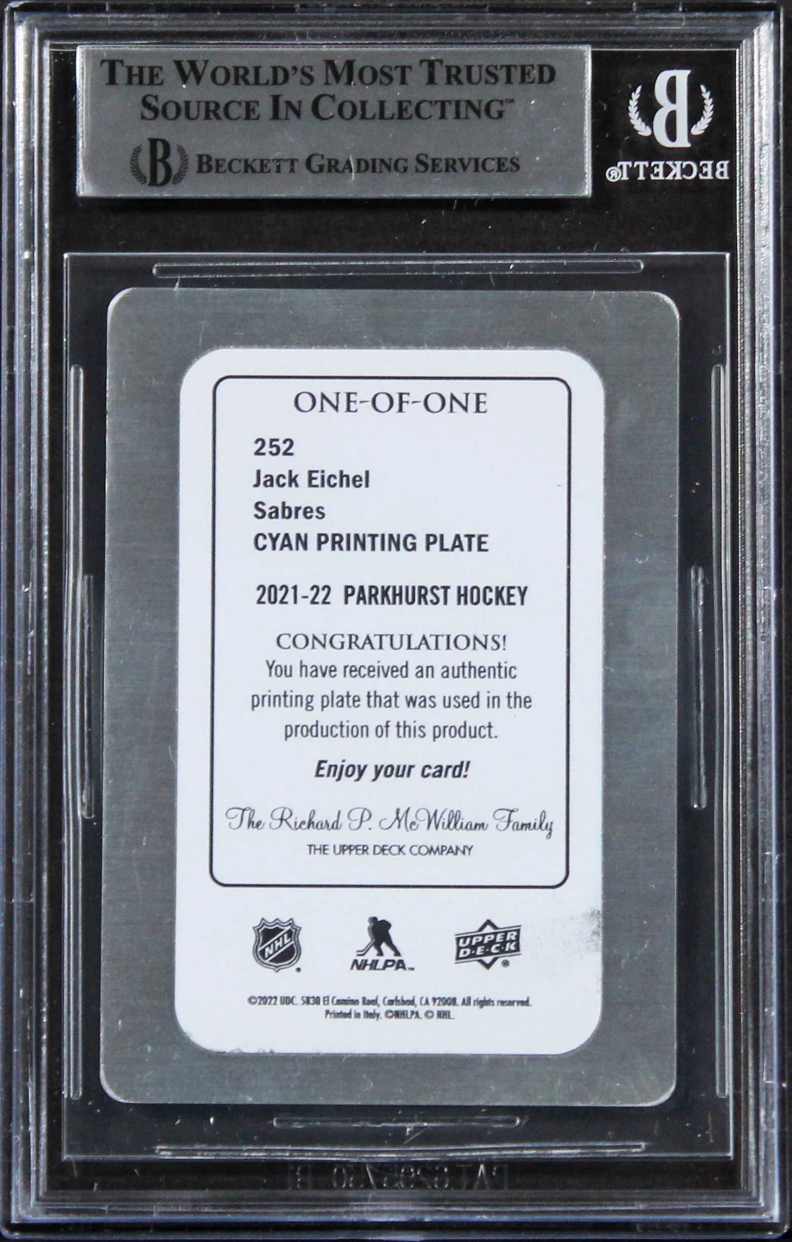 Sabres Jack Eichel Signed 2021 Parkhurst Printing Plates #252 Card BAS Slabbed - Image 3