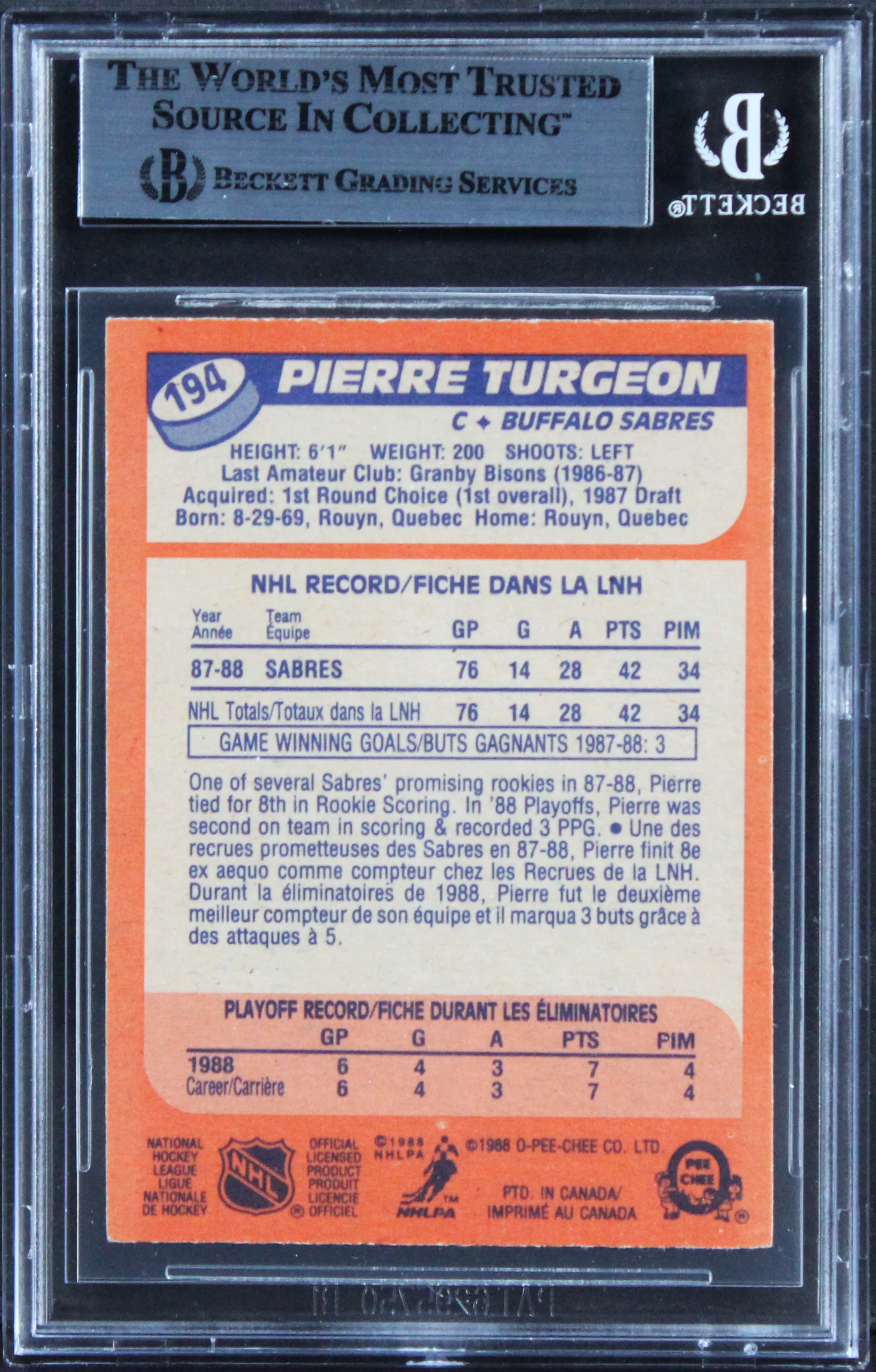 Sabres Pierre Turgeon Authentic Signed 1988 O-Pee-Chee #194 Card BAS Slabbed - Image 3