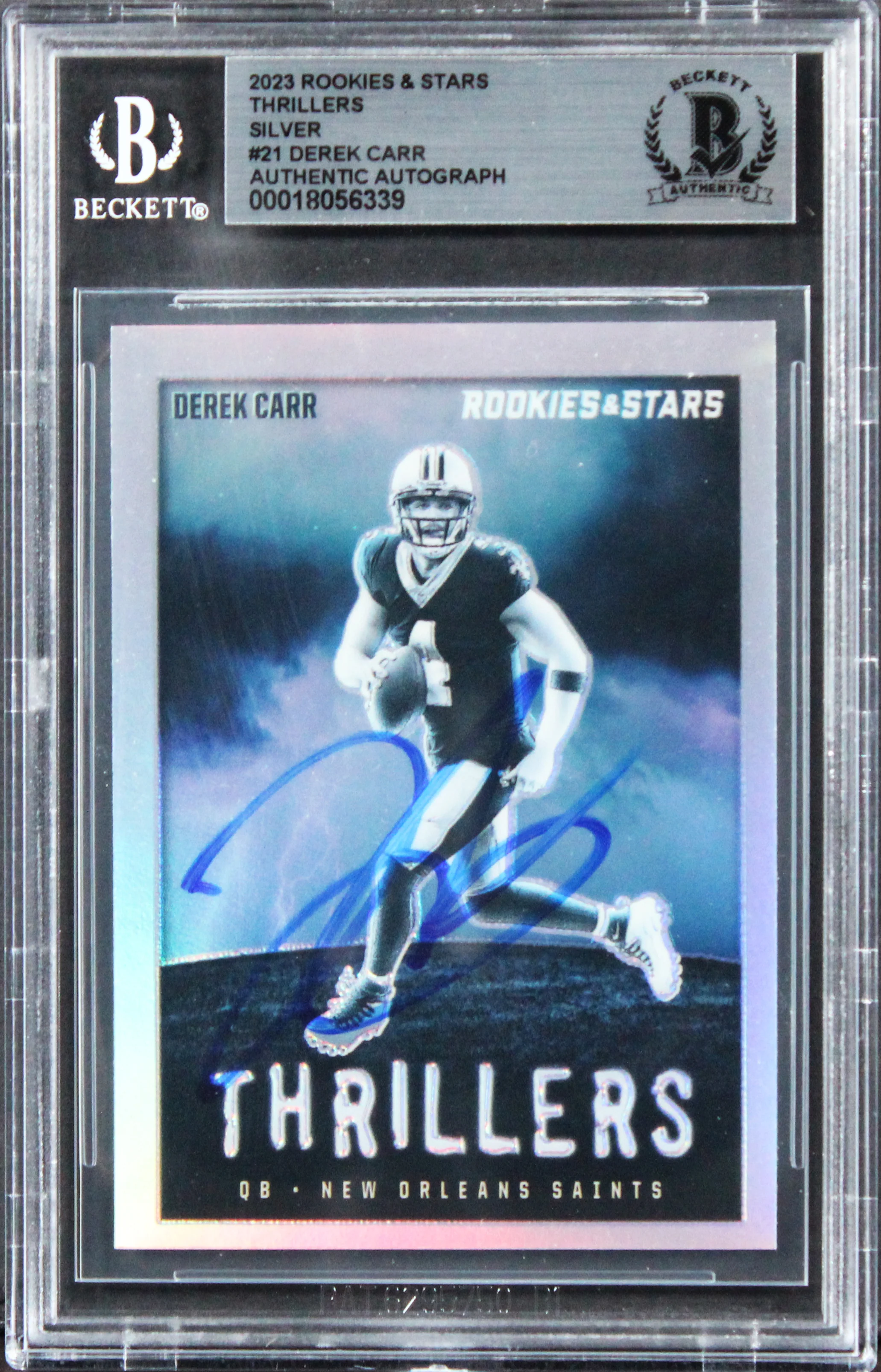 Saints Derek Carr Signed 2023 Rookies & Stars Thrillers Silver #21 Card BAS Slab - Image 2