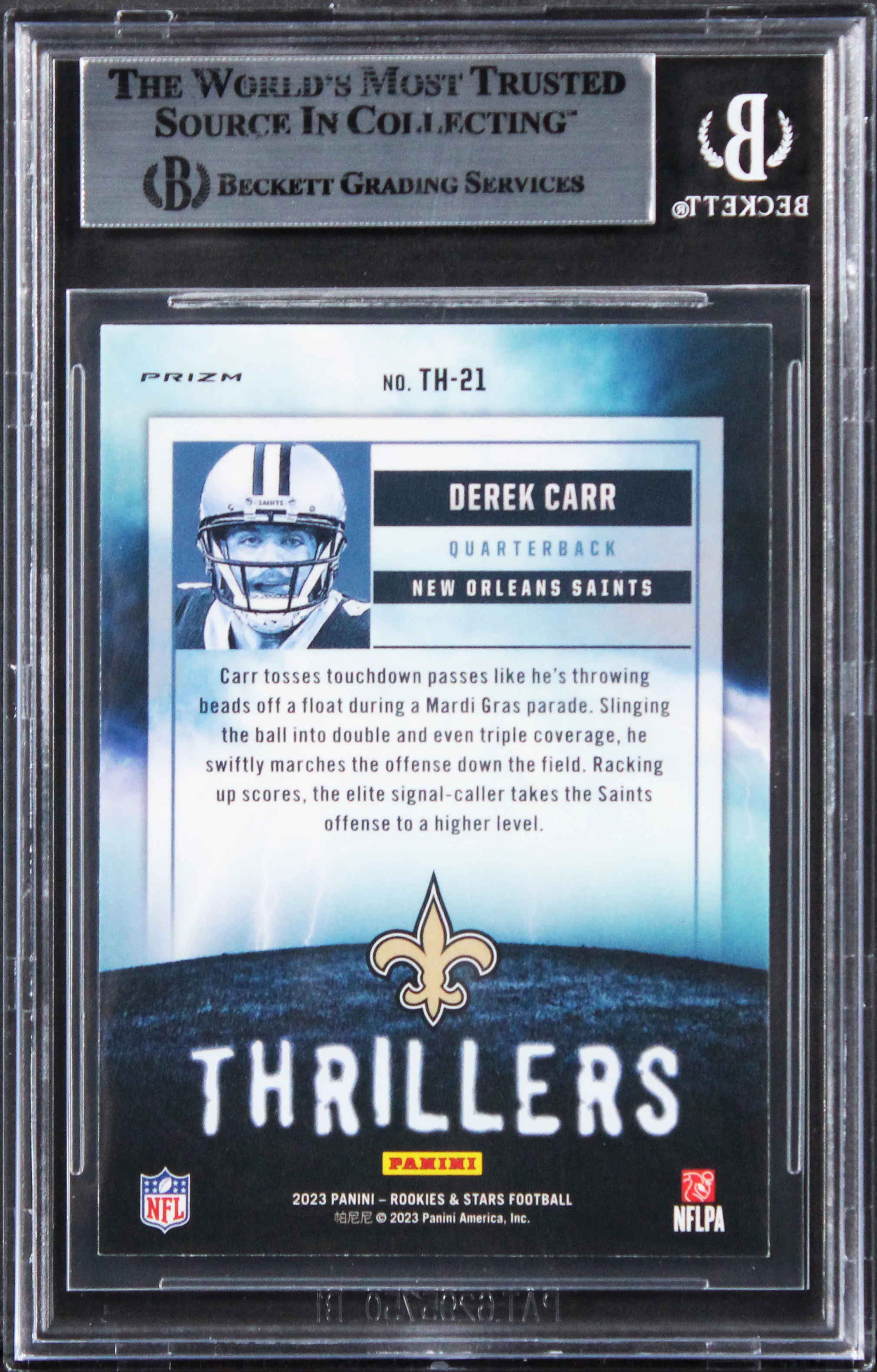 Saints Derek Carr Signed 2023 Rookies & Stars Thrillers Silver #21 Card BAS Slab - Image 3