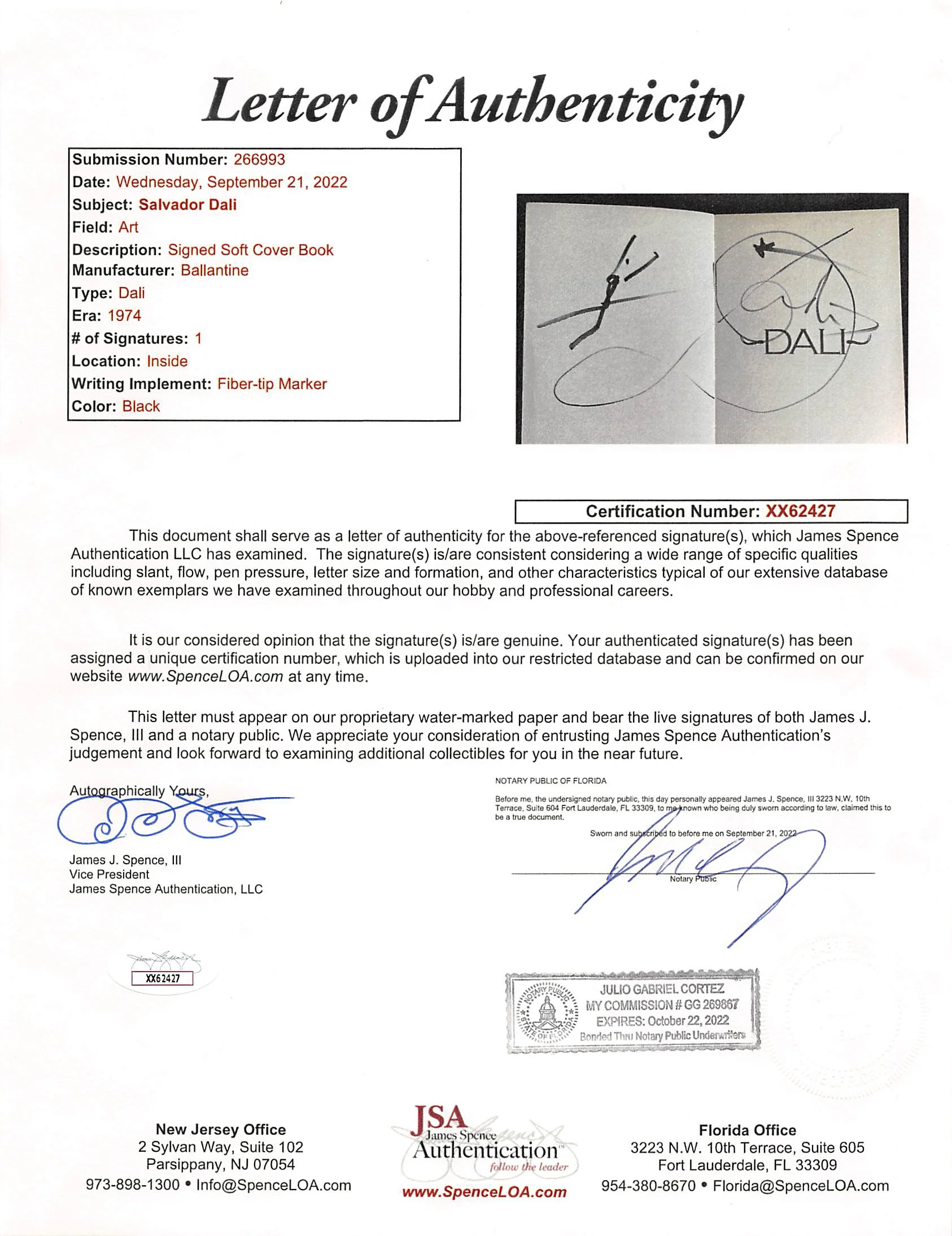 Salvador Dali Authentic Signed Dali First Printing Book w/ Sketch JSA #XX62427 - Image 7