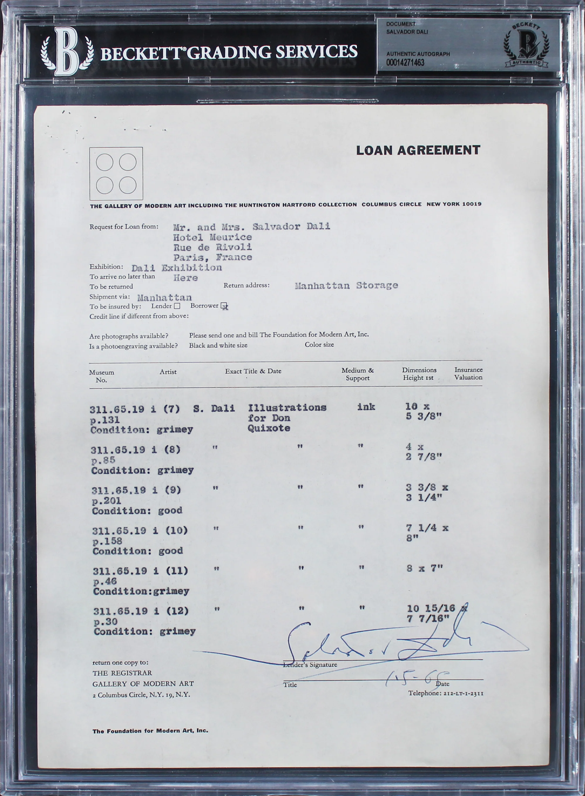 Salvador Dali Authentic Signed Loan Contract Dated January 5, 1965 BAS Slabbed