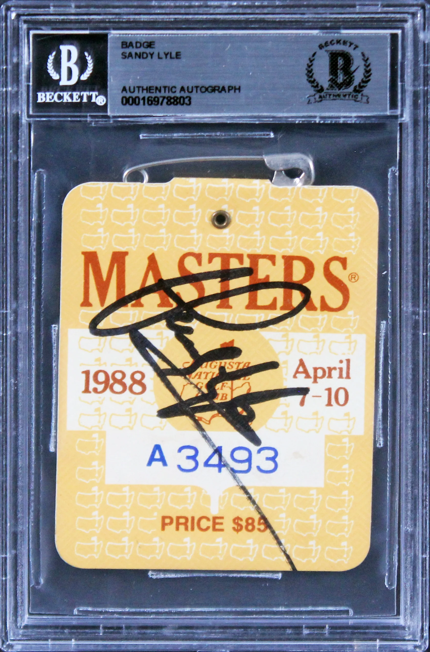 Sandy Lyle Signed 1988 Masters Augusta National Club Badge Ticket BAS Slabbed - Image 2