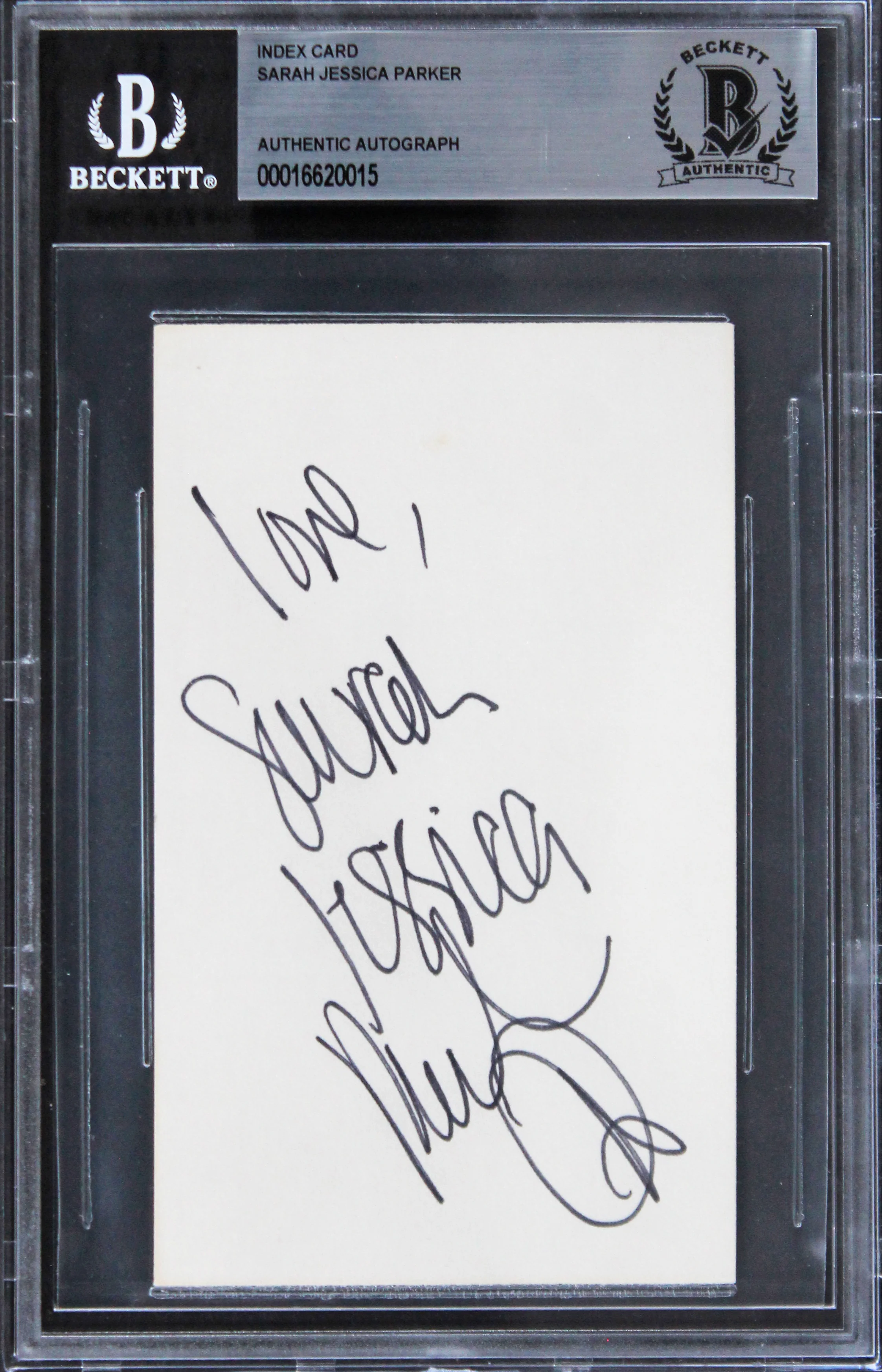 Sarah Jessica Parker Sex And The City "Love" Signed 3x5 Index Card BAS Slabbed - Image 2