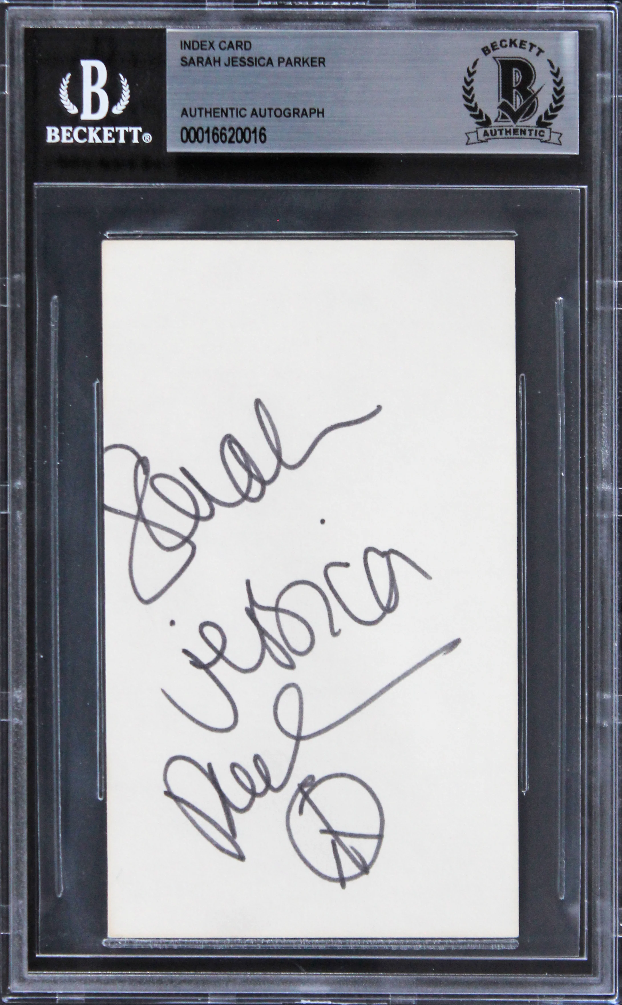 Sarah Jessica Parker Sex And The City "Peace" Signed 3x5 Index Card BAS Slab 3