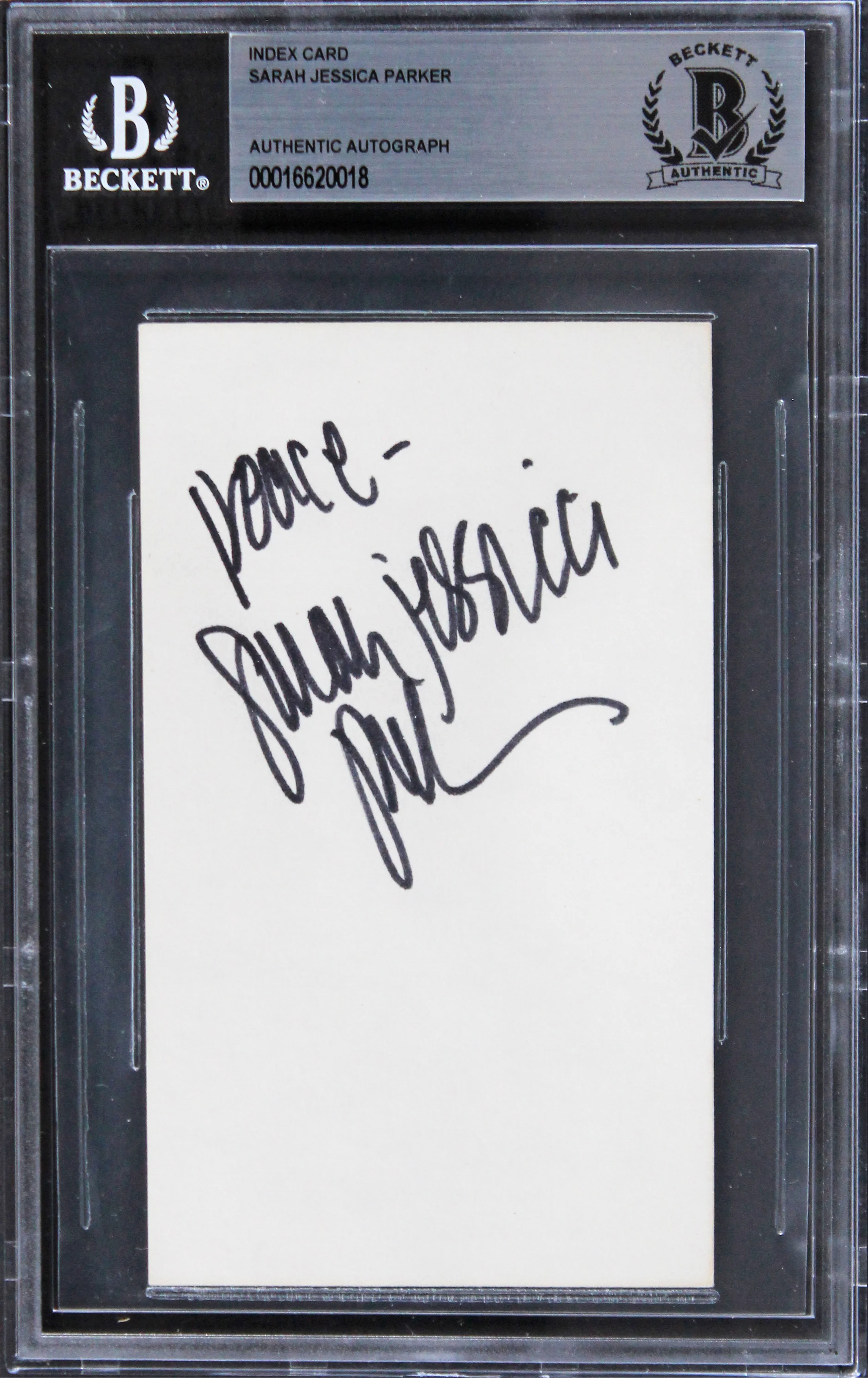 Sarah Jessica Parker Sex And The City "Peace" Signed 3x5 Index Card BAS Slabbed - Image 2