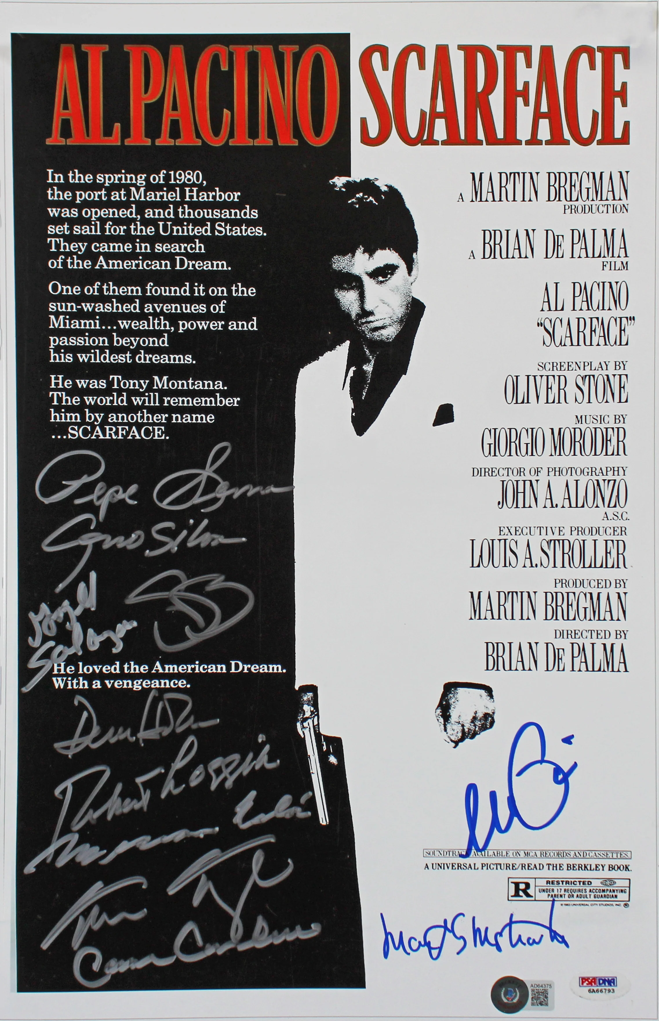 Scarface (11) Pacino, Bauer, Loggia +8 Signed 12x18 Mini Movie Poster Photo BAS - Image 2