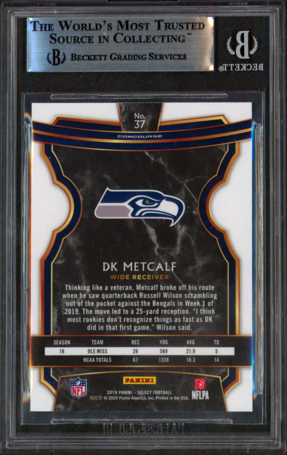 Seahawks DK Metcalf Authentic Signed 2019 Select #37 Rookie Card BAS Slabbed - Image 3