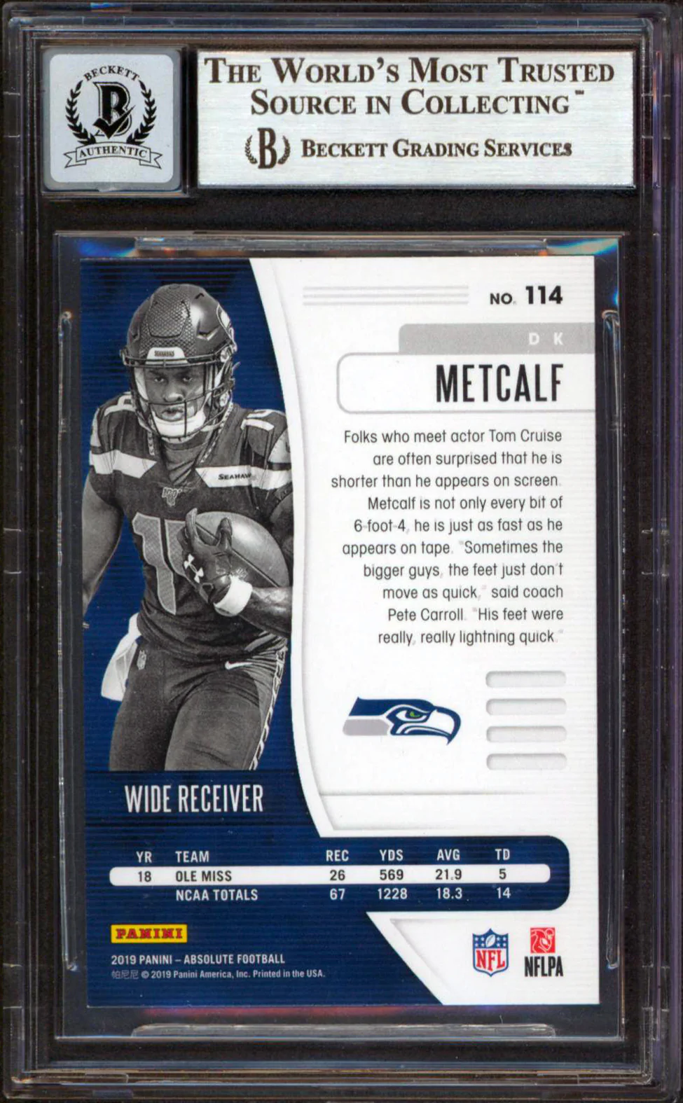 Seahawks DK Metcalf Signed 2019 Absolute #114 Rookie Card Auto 10! BAS Slabbed - Image 3