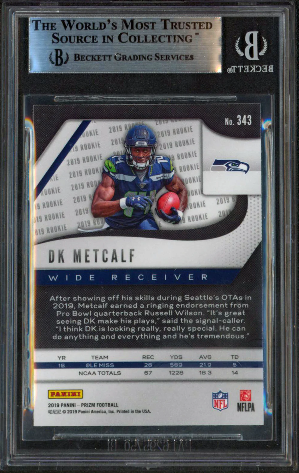 Seahawks DK Metcalf Signed 2019 Panini Prizm #343 RC Auto Graded 10! BAS Slabbed - Image 3