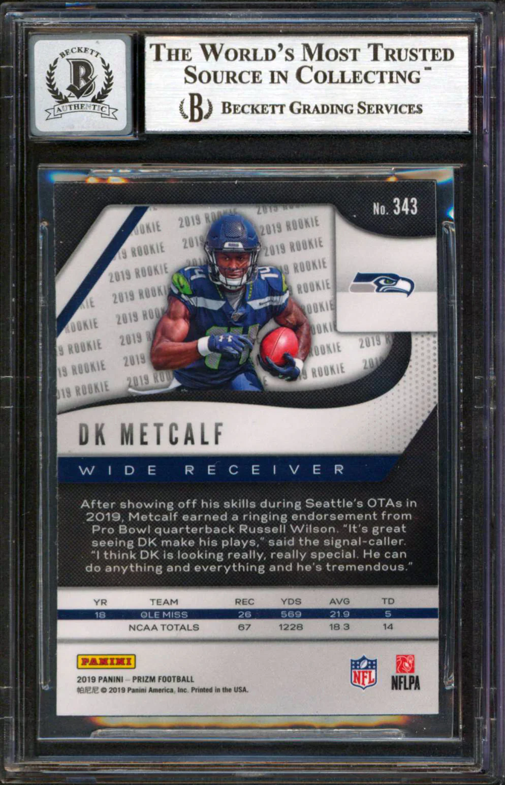 Seahawks DK Metcalf Signed 2019 Panini Prizm #343 RC Card Auto 10 BAS Slabbed - Image 3