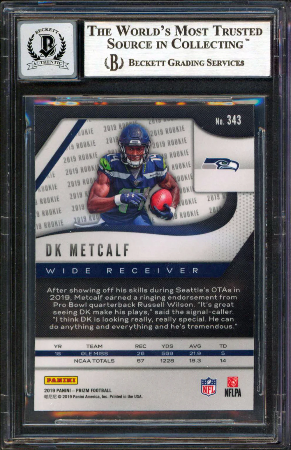 Seahawks DK Metcalf Signed 2019 Panini Prizm #343 Rookie Card Auto 10! BAS Slab - Image 3