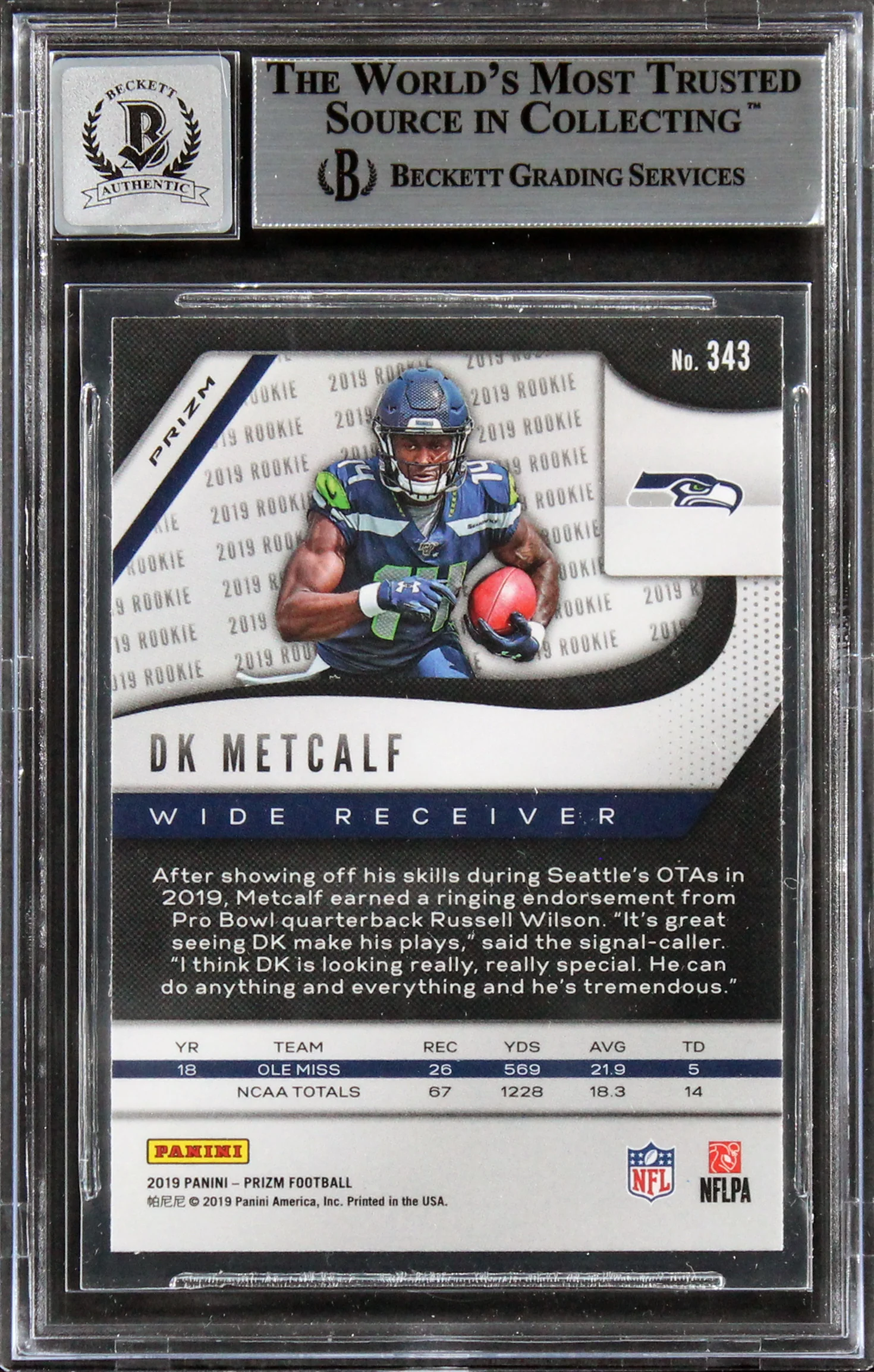 Seahawks DK Metcalf Signed 2019 Panini Prizm Prizms #343 RC Auto 10! BAS Slabbed - Image 3