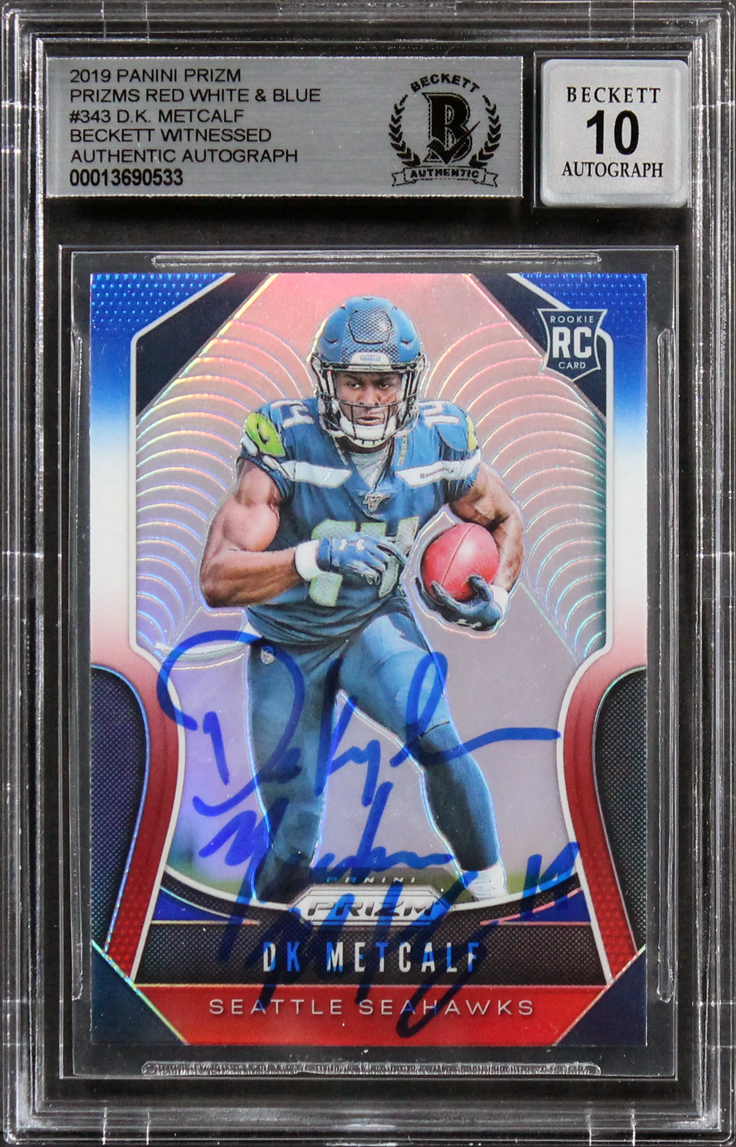 Seahawks DK Metcalf Signed 2019 Panini Prizm RW&B #343 RC Auto 10! BAS Slabbed - Image 2