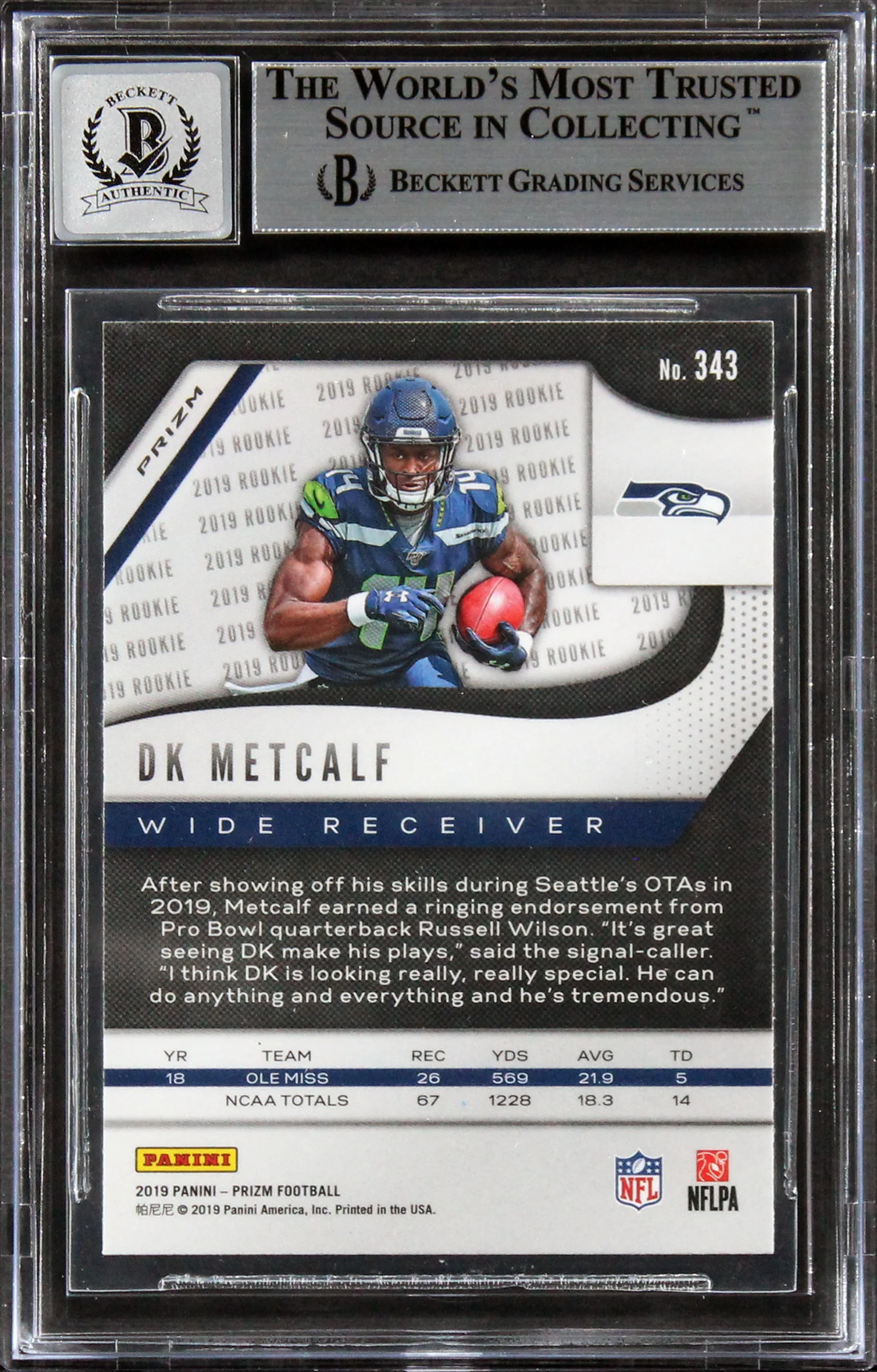 Seahawks DK Metcalf Signed 2019 Panini Prizm RW&B #343 RC Auto 10! BAS Slabbed - Image 3