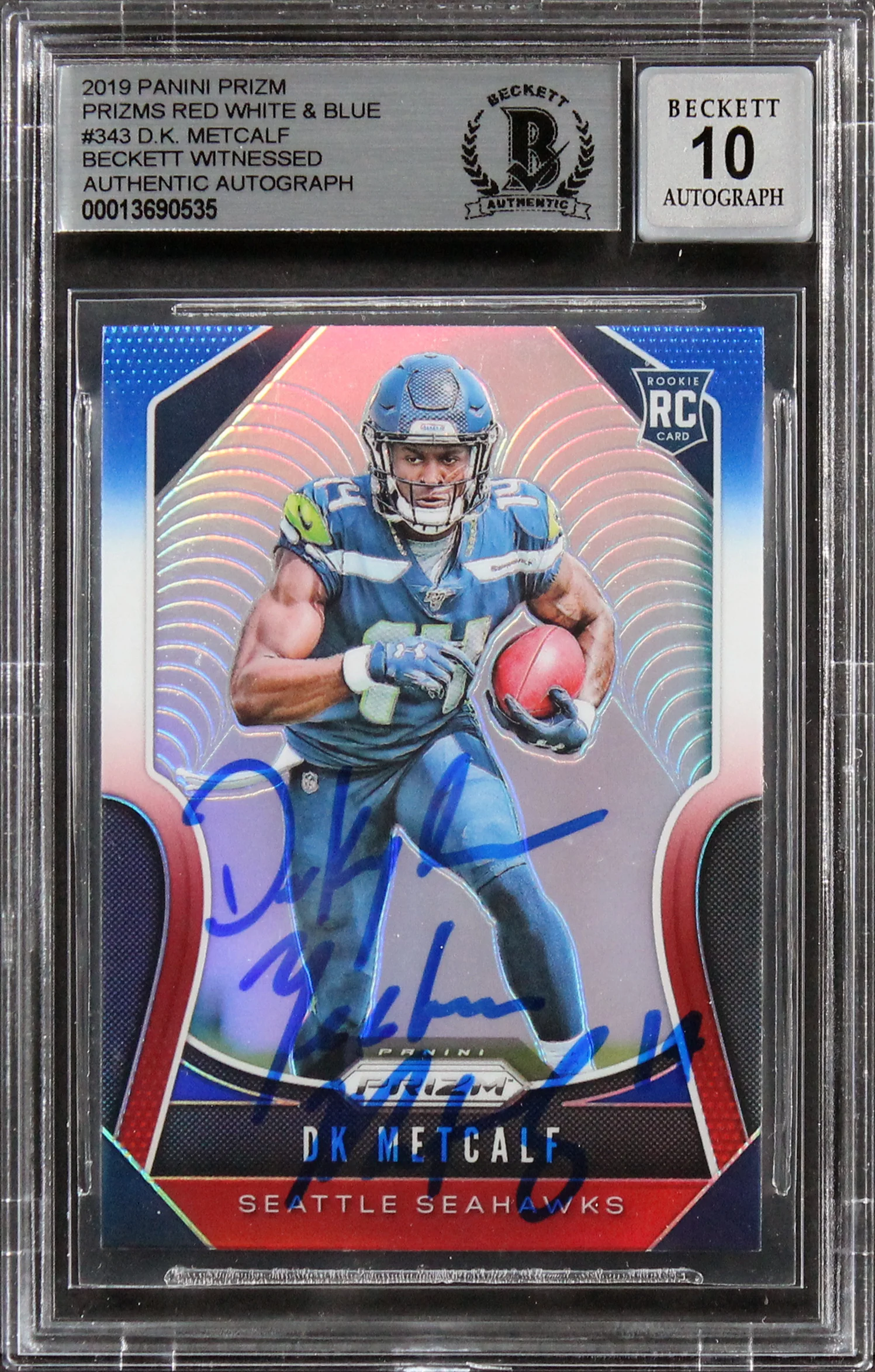 Seahawks DK Metcalf Signed 2019 Panini Prizm RW&B #343 RC Auto 10! BAS Slabbed - Image 2