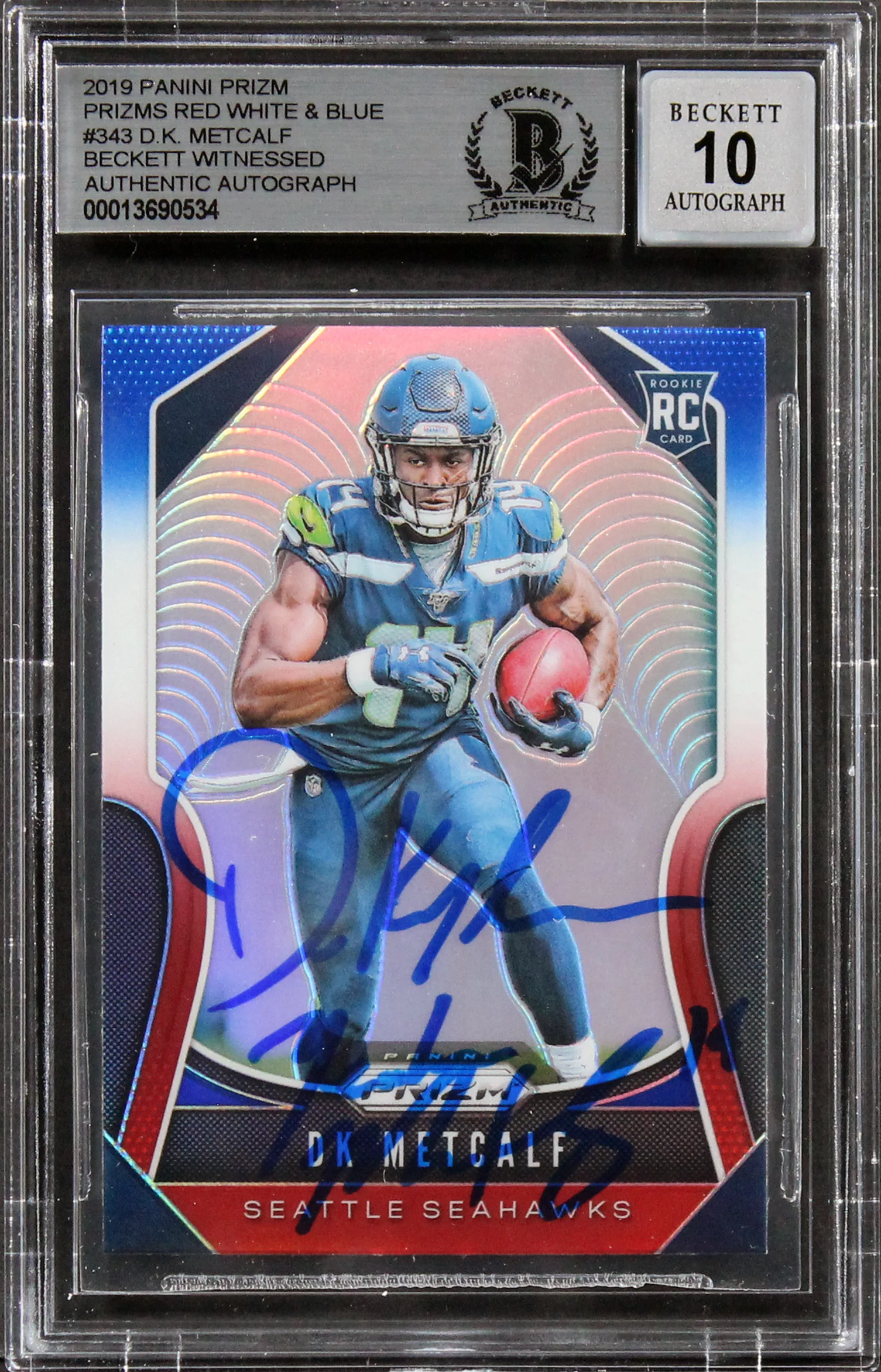 Seahawks DK Metcalf Signed 2019 Panini Prizm RW&B #343 RC Auto 10! BAS Slabbed - Image 2